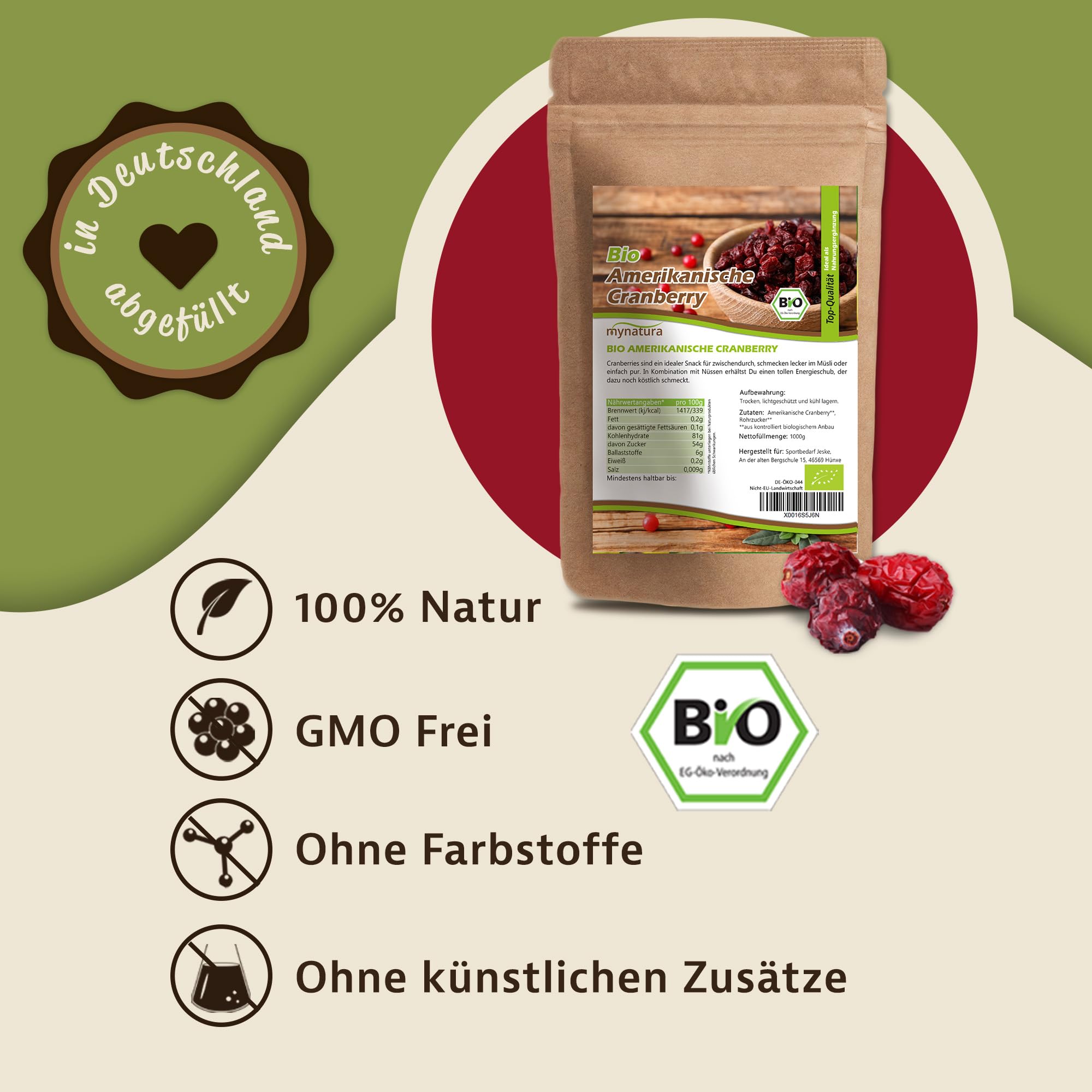 Mynatura Bio Cranberries getrocknet 1000g – Fruchtige Premium-Beeren aus kontrolliert biologischem Anbau I Ideal für Müsli, Backen, Snacks & Saucen I Ohne Zusätze & vegan (2 x 1000g)