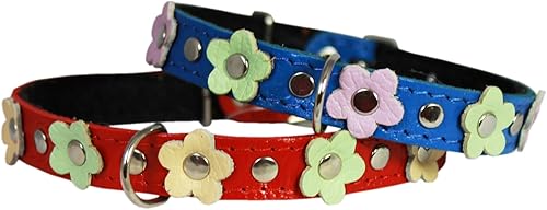 Miniatura 3 de Collar de perro de diseño de piel auténtica, margarita, tachuelas. 14.5 x 5/8 pulgadas de ancho. Se adapta a cuello de 10 a 13.5 pulgadas,