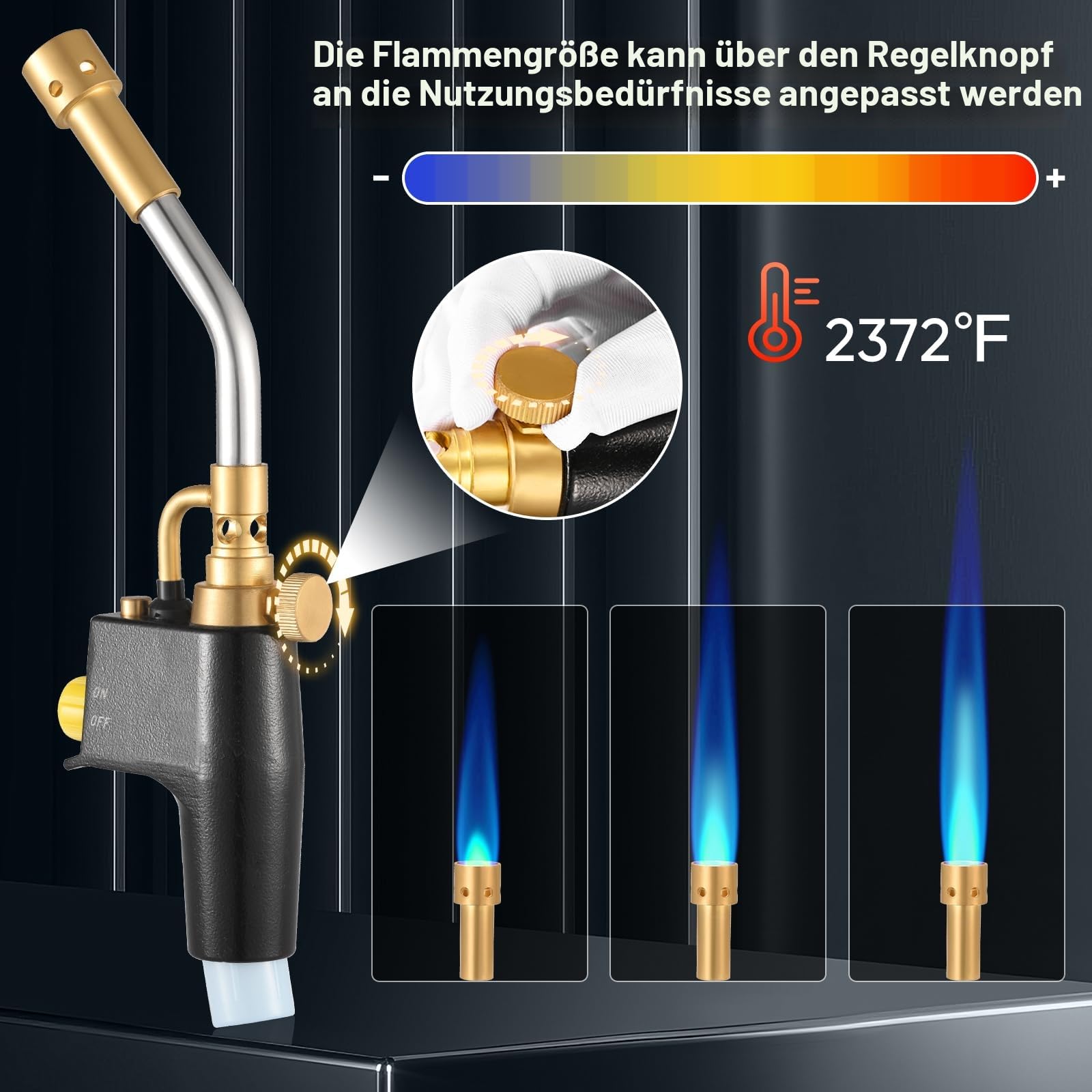 Hochintensität Propan Torch Kit GJ-8000 Abzugsstart-Mapp-Gasbrenner mit Selbstzündung und Messingknopf-Schweißbrenner mit 3 Düsen für MAPP CGA600-Gewindeanschluss