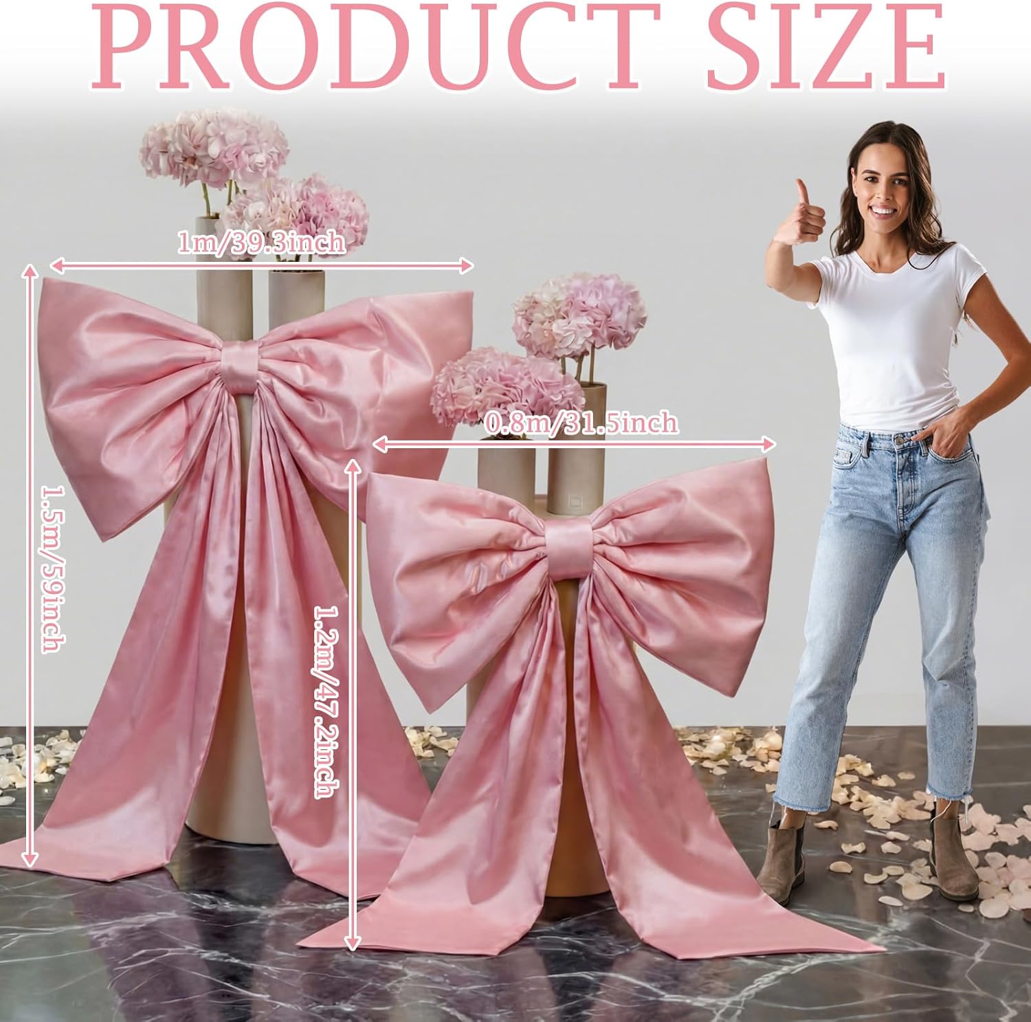 Dingion 2 Pcs Giant Pink Bow Decor 47 Inch, 59 Inch Oversized Big Bows Decoration for Wedding Wall Backdrop Large Ribbon Tie for Wedding Birthday Coquette Party Baby Shower Supplies