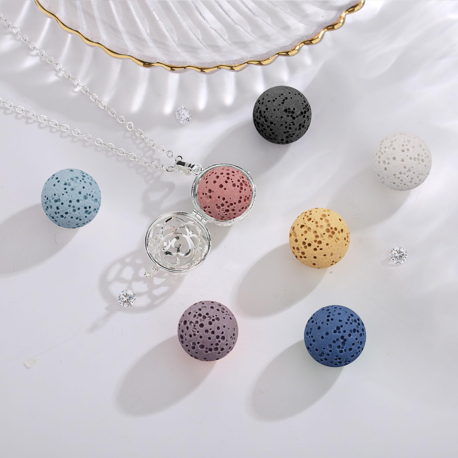 EUDORA Harmony Ball Aromaterapia Collana Donna Diffusione Aroma Collane Donna Aroma Olio Diffusore Ciondolo Gioielli Yoga Regali per Donne Madre con Pietra Lavica 7PCS, 24"