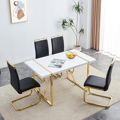 Vista 59 de Juego de mesa de comedor gopop para 6, juego de mesa y sillas de cocina de 6, mesa de 140 cm x 85 cm con acabado de laca blanca brillante y marco