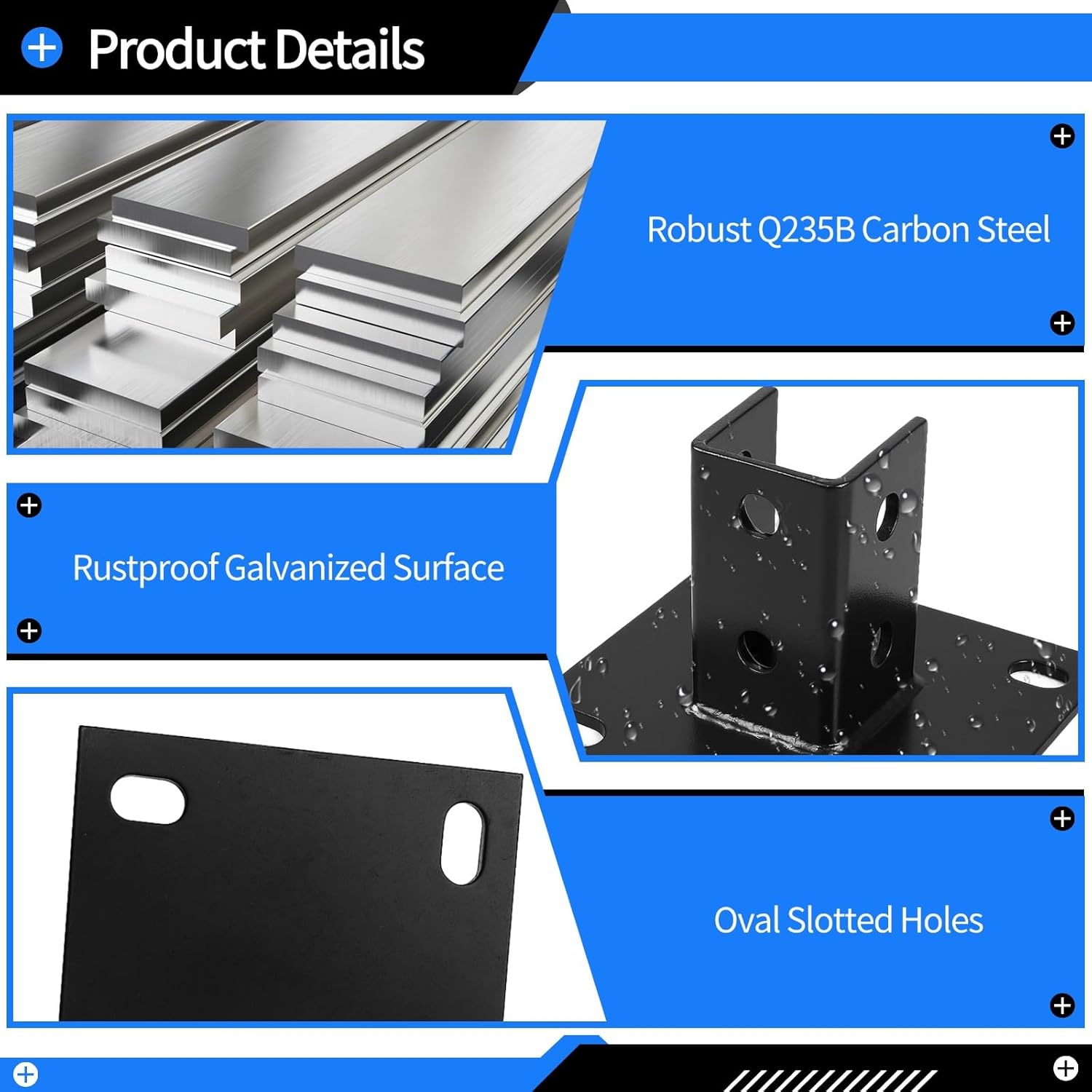 yeesport 6 PCS Strut Post Bases, 4 Slotted Holes U Post Base for 1-5/8 in Square Single Channel, 5.7 x 5.7 in Large Panel Anti-Tilt Ground Bracket, Heavy Duty Galvanized Carbon Steel Floor Post Base