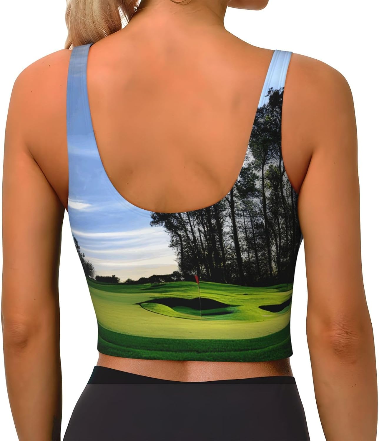 Golf Course and Tree Print Women's Strappy Sports Bra, Stretch Gym Bras U Neck Yoga Tops, Comfort Seamless Bra
