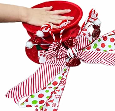 Christmas Tree Topper Hat, Christmas Tree Topper Hat with Candy Cane Ribbon, Candy Cane Tree Topper for Tree Winter Holiday Party Decor (Red, 25cmx21cmx21cm)