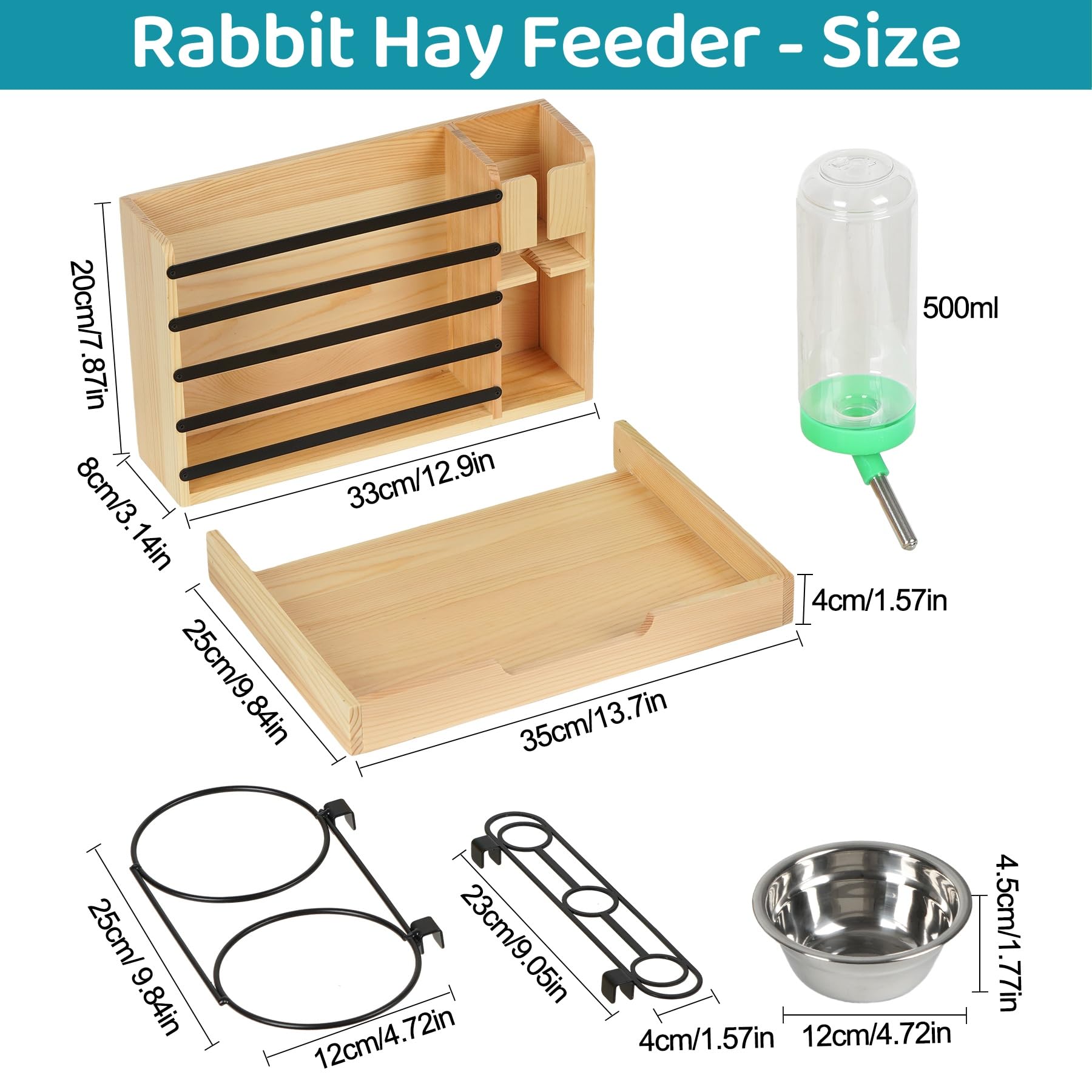 Grand râtelier à foin en bois pour lapin, mangeoire avec gourde, 2 gamelles, support pour carotte et distributeur automatique de nourriture pour lapins nains, cochons d'Inde, hamsters