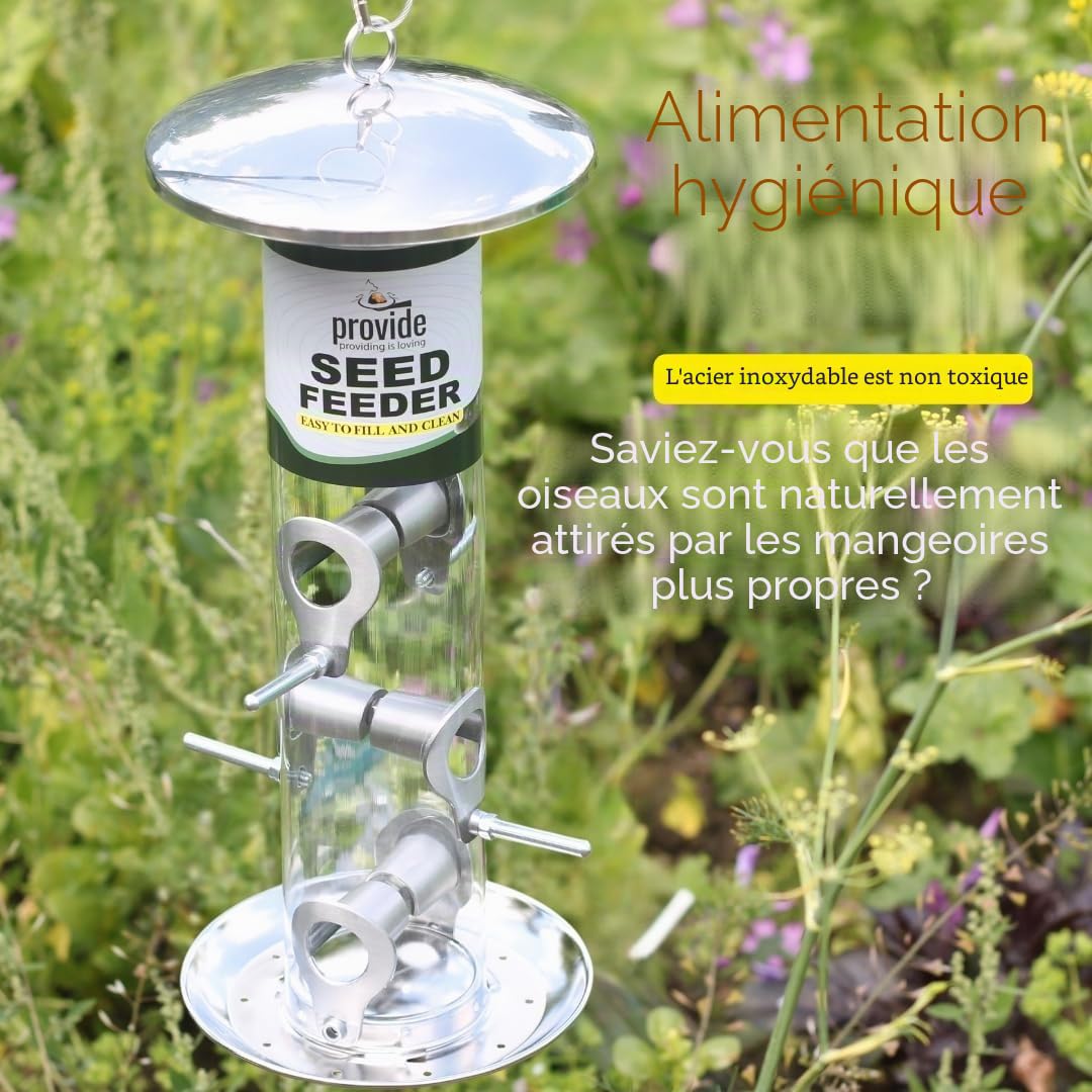 PROVIDE Grande Mangeoire à Oiseaux en Acier Inoxydable Avec Plateau - Pour Graines et Oiseaux Sauvages de Jardin - en Métal