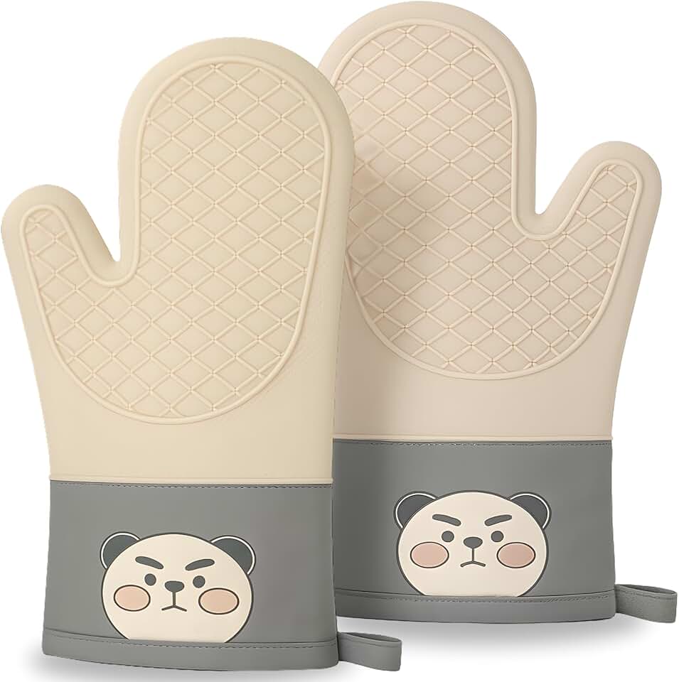 Par de Luvas de Forno Antiderrapantes em Silicone e Tecido Resistentes ao Calor para Cozinha, Assadeiras, Panelas e Churrasco – Proteção Térmica, Conforto e Alta Durabilidade-Lene (Bege)