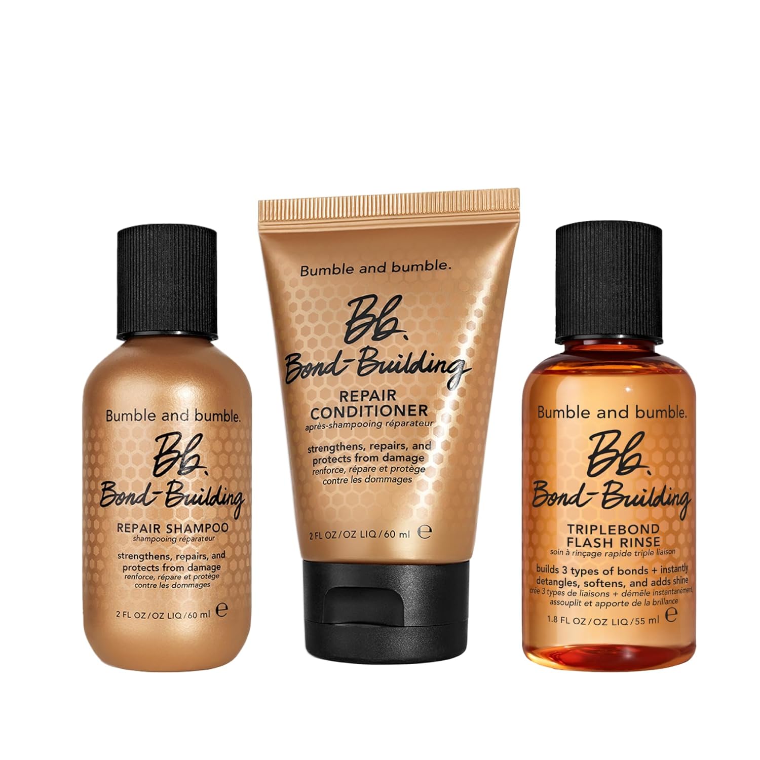 Bumble and bumble. Bond-Building Hair Repair Shampoo, Conditioner + TripleBond Flash Rinse Set | For Damaged Hair | Anti Frizz + Adds Shine | Curly, Wavy, Straight