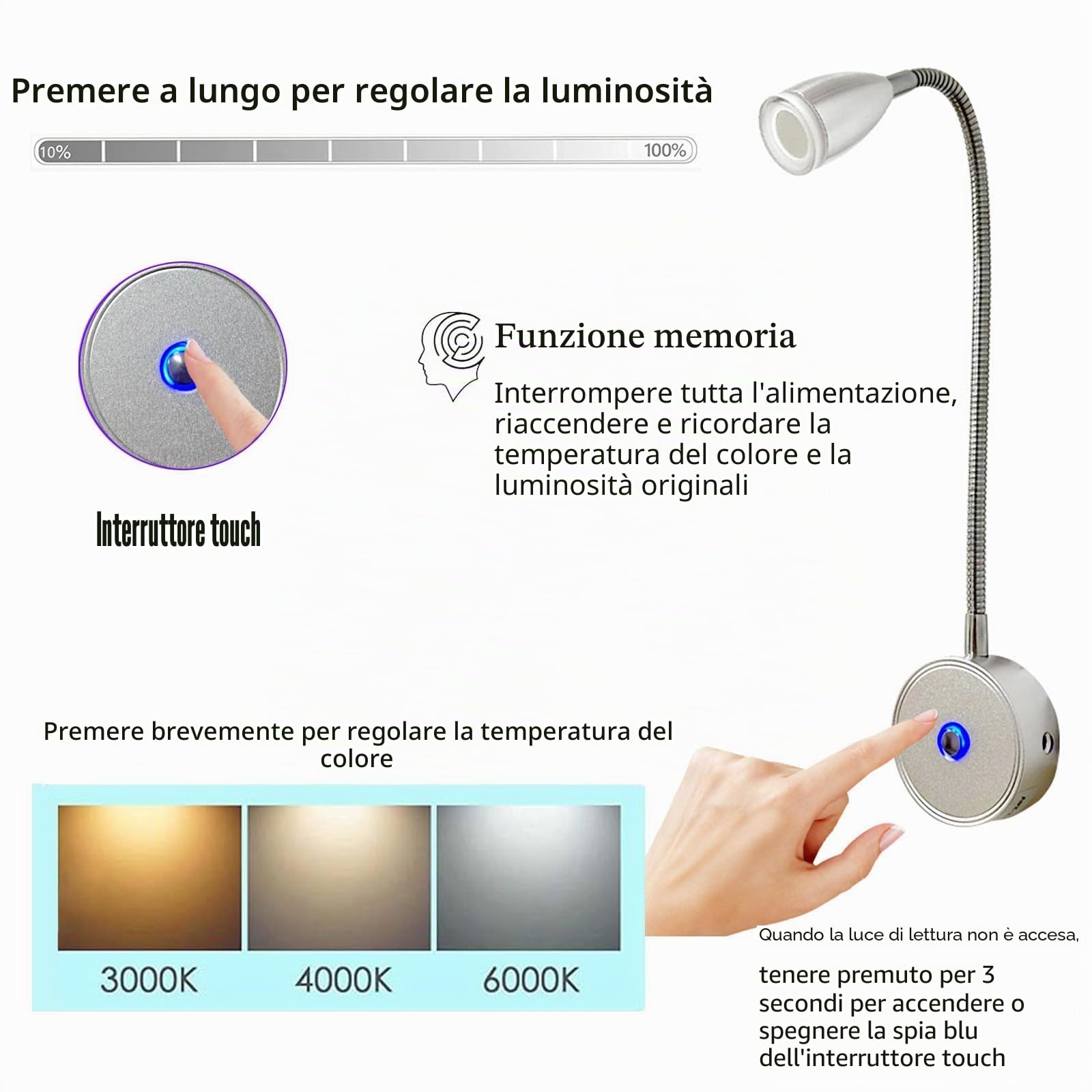 Lampada da lettura a LED 12 V, 3 temperature di colore, 3 W, dimmerabile, collo di cigno flessibile, DC12-24 V, per auto, camion, camper, campeggio, barca (2 pezzi)