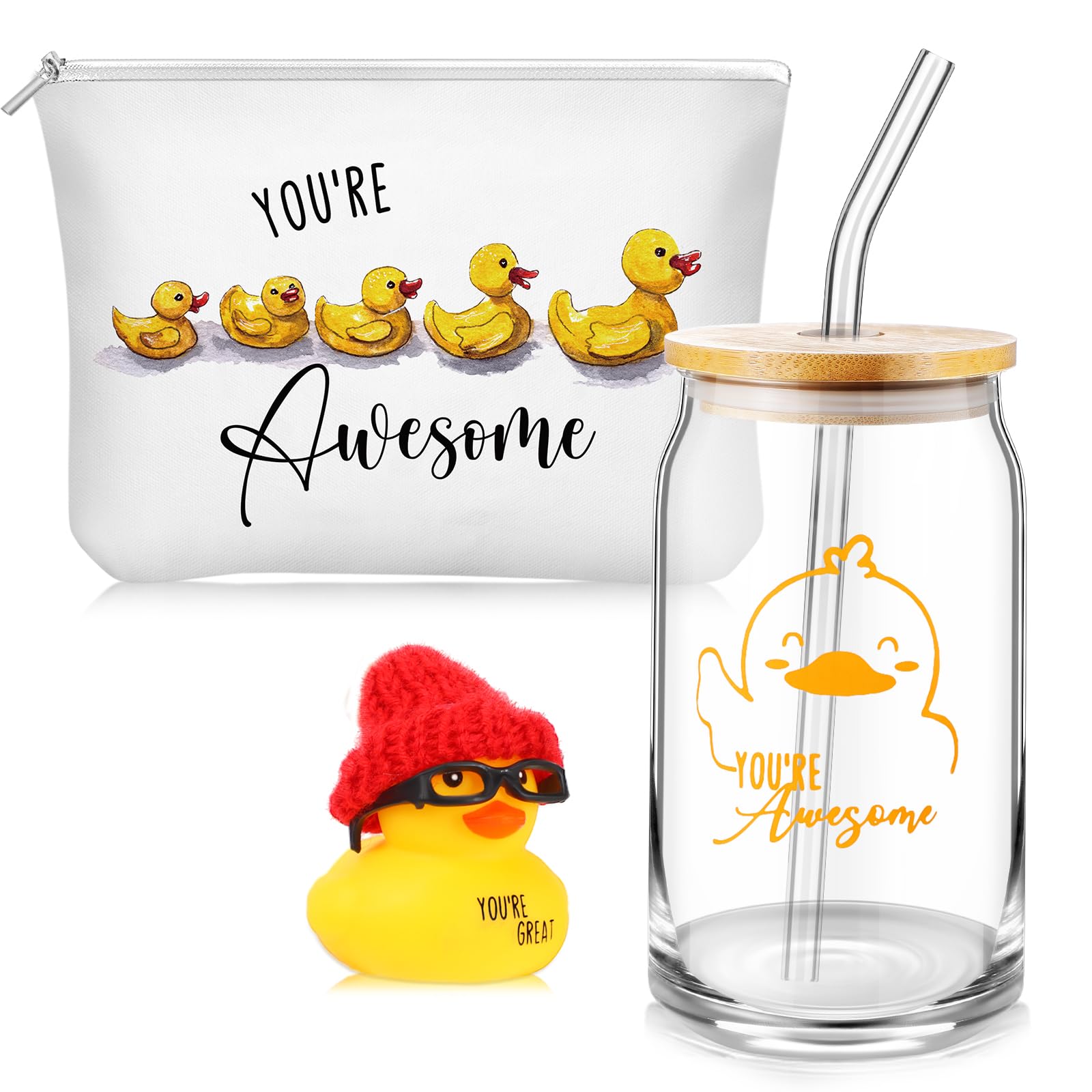 Tioncy Duck Theme Inspirational Gift Set Duck Lovers Thank You Gifts Glass Coffee Tumbler with Lid and Straw Womens History Month Canvas Makeup Bag