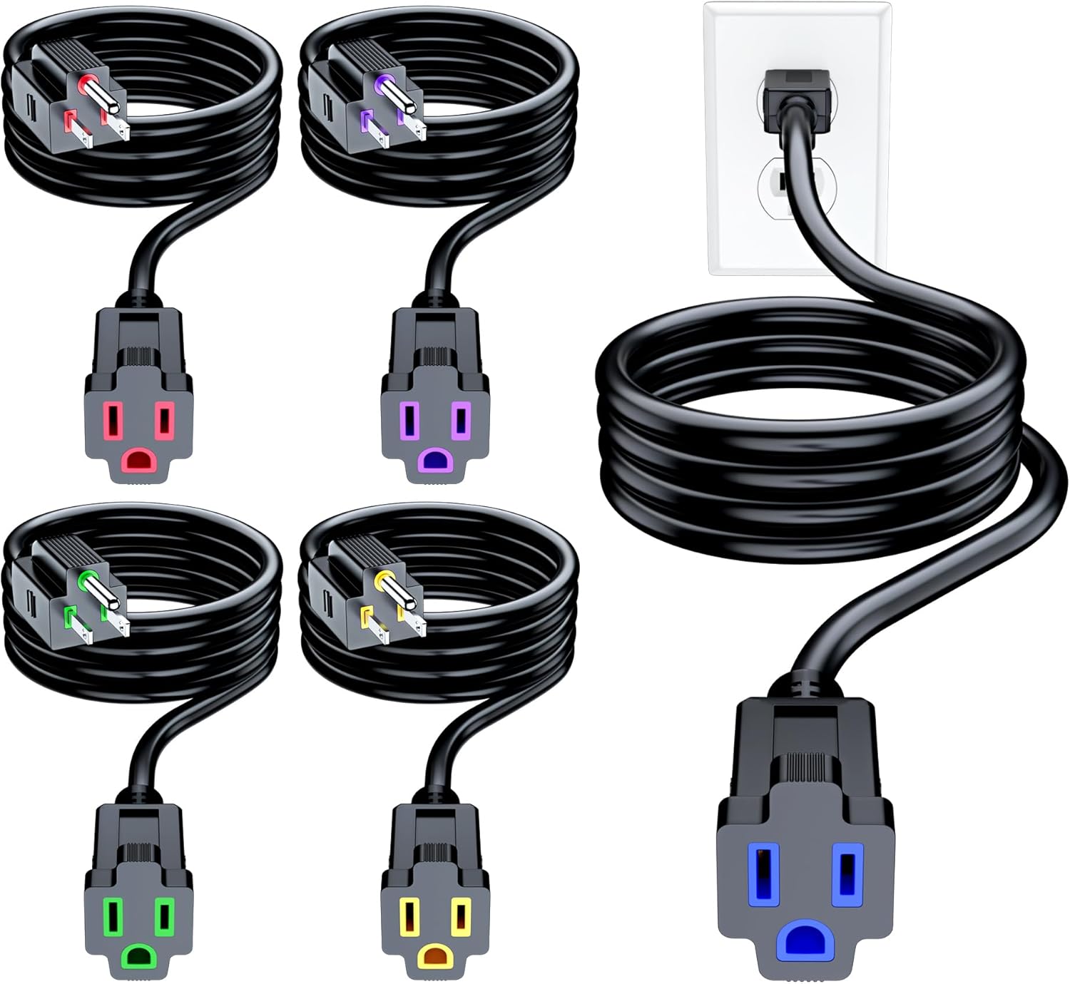 Maximm Extension Cord 5 Pack, 6 Ft Black with Multicolor Indicators Indoor Power Cords, 16 Gauge SJTW Heavy Duty Wire, ETL Listed, 125V 13A