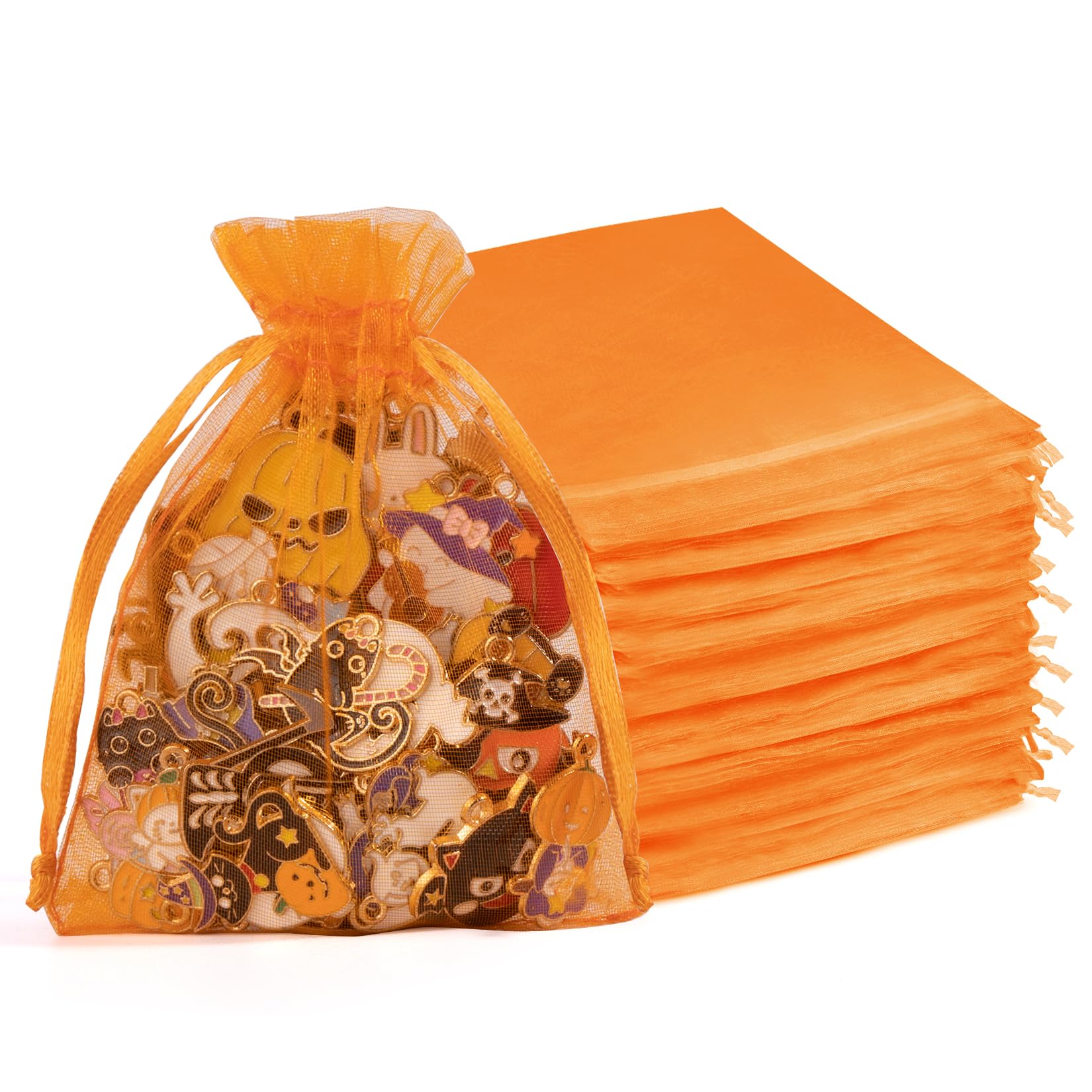 Crweety 50Pcs Organza Bags 4x6, Orange Small Mesh Gift Bags Drawstring Bulk