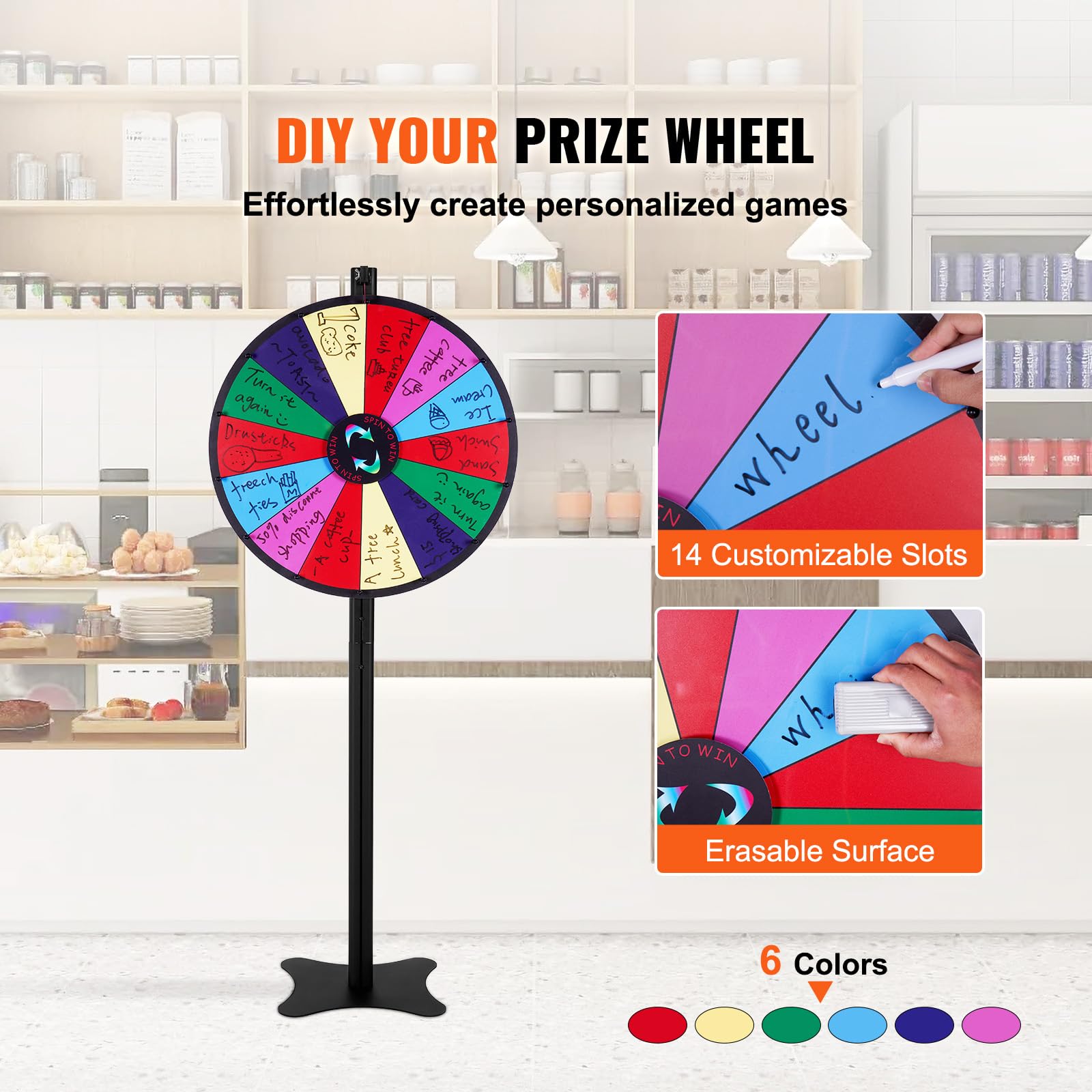 Happybuy 24-Inch Spinning Prize Wheel, 14 Slots with Dry Erase and 2 Markers, Tabletop or Floor Standing for Party, Trade Show, Carnival