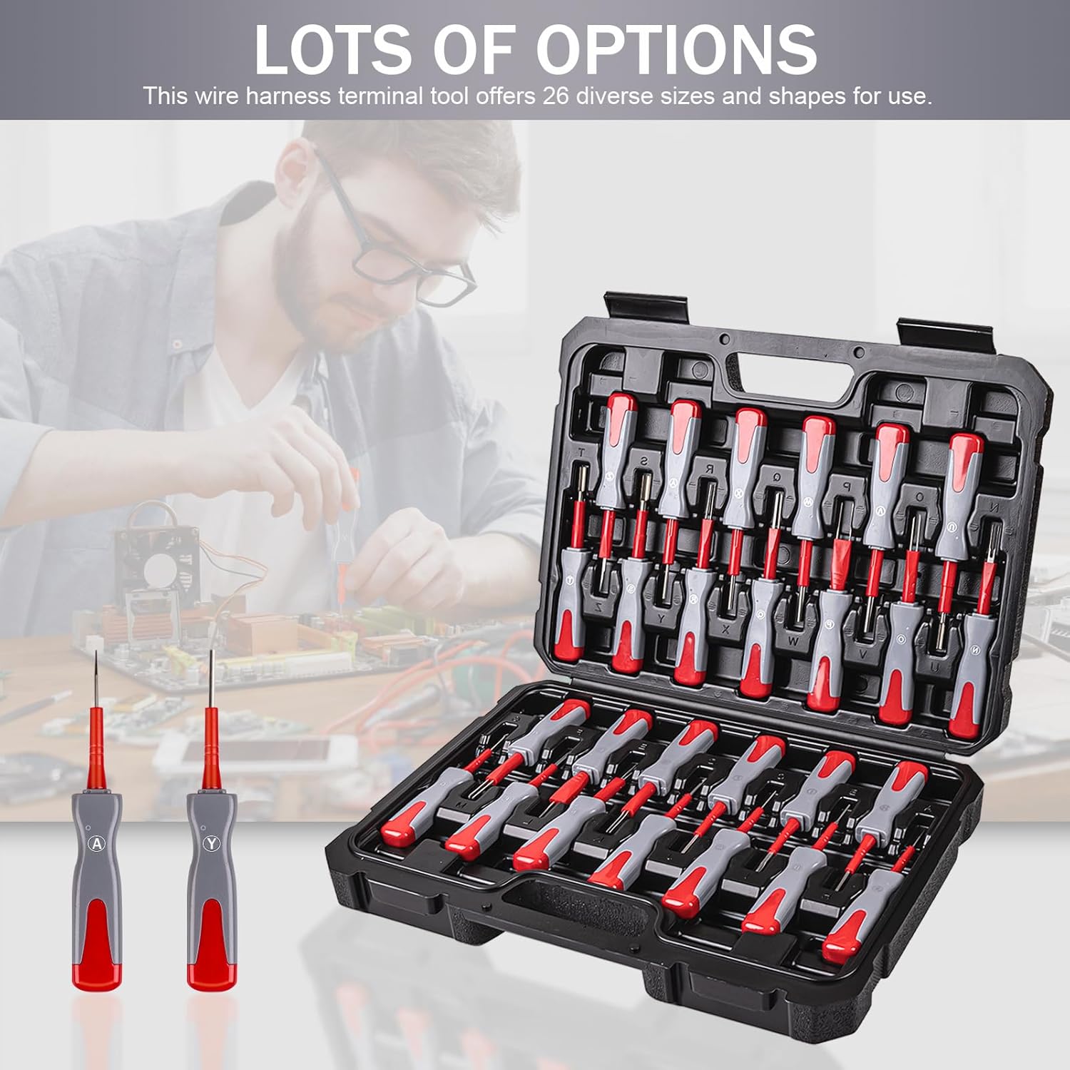 26 PCS Terminal Removal Tool Kit, Depinning Tool Pin Removal Tool Kit for Universal Vehicle Wire, Harness Connector Pin Removal Tool with Titanium Needles and Non Slip Handle