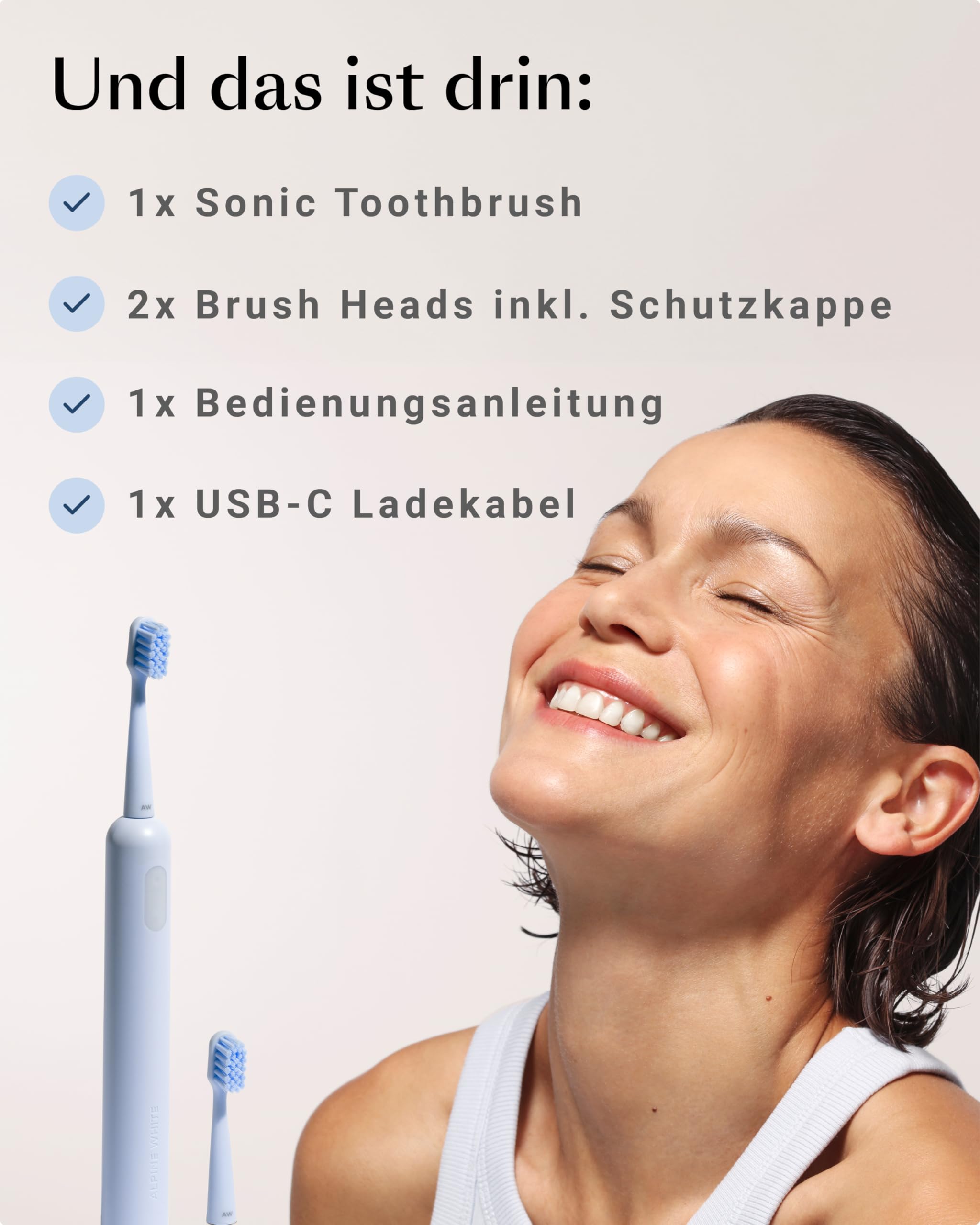 ALPINE WHITE Sonic Toothbrush - Innovative Schallzahnbürste mit bis zu 40'000 Schwingungen pro Minute - Elektrische Zahnbürste mit 3 Intensitätsstufen