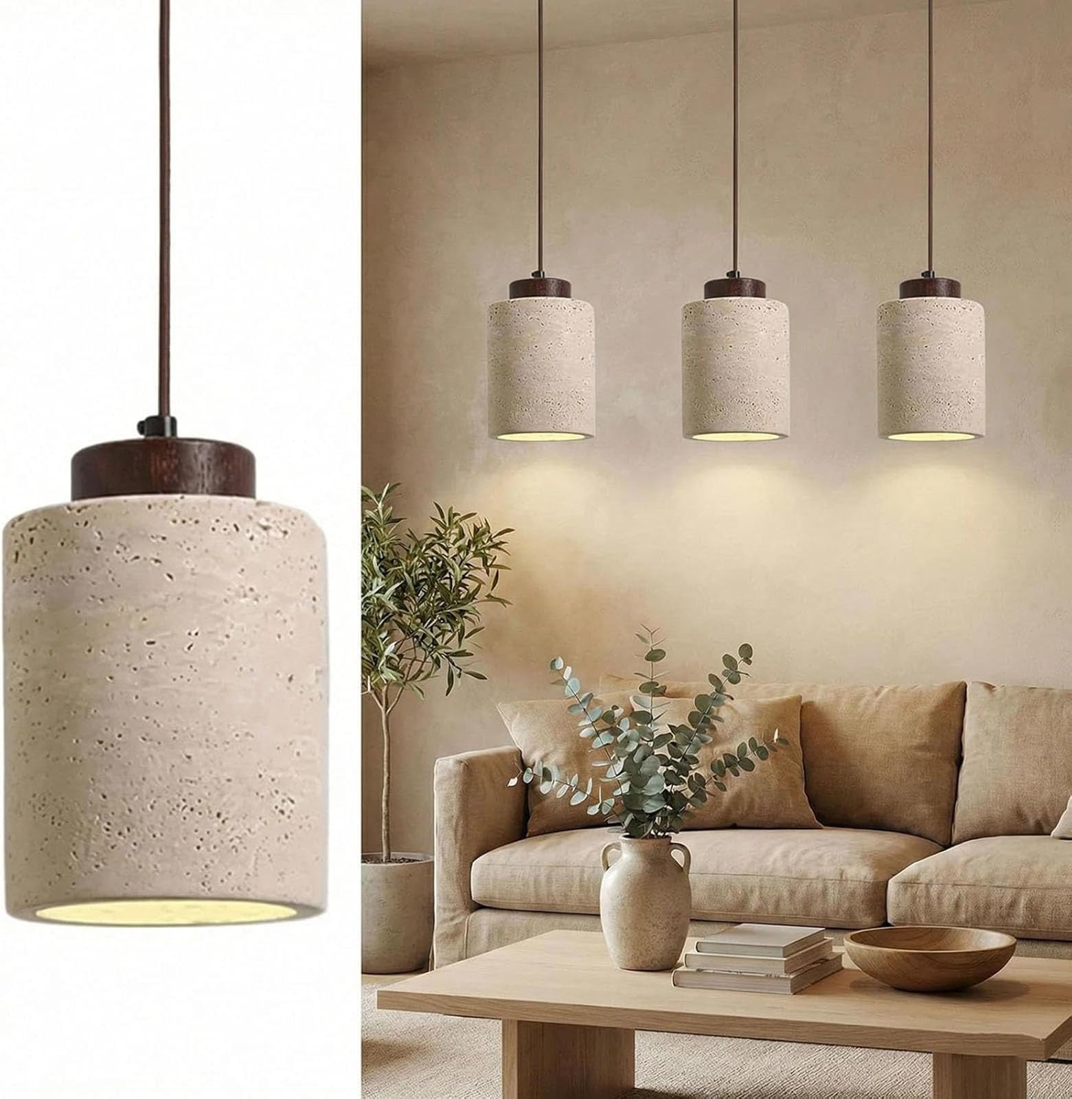 Natural Stone Chandelier, Cylinder Pendant Light for Kitchen Island Lights, Nordic Travertine Hanging Ceiling Light with Wood Accent for Dining Room, Small E27 Pendant (10X17CM,Walnut Color 1 Item)