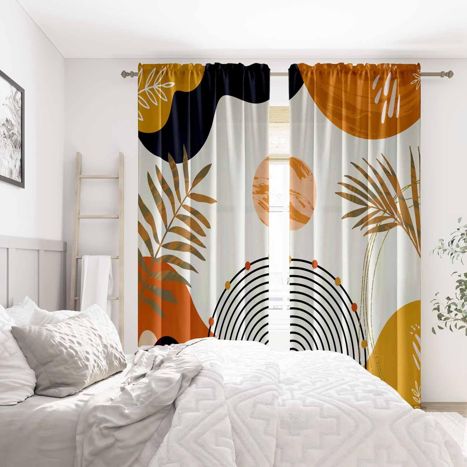 Boho Mid Century Abstract Leaves Curtains 52X84Inch Rainbow Living Room Curtain 2Pc Burnt Orange Curtains for Bedroom Modern Geometric Drapes Yellow Plant Colorful Curtain