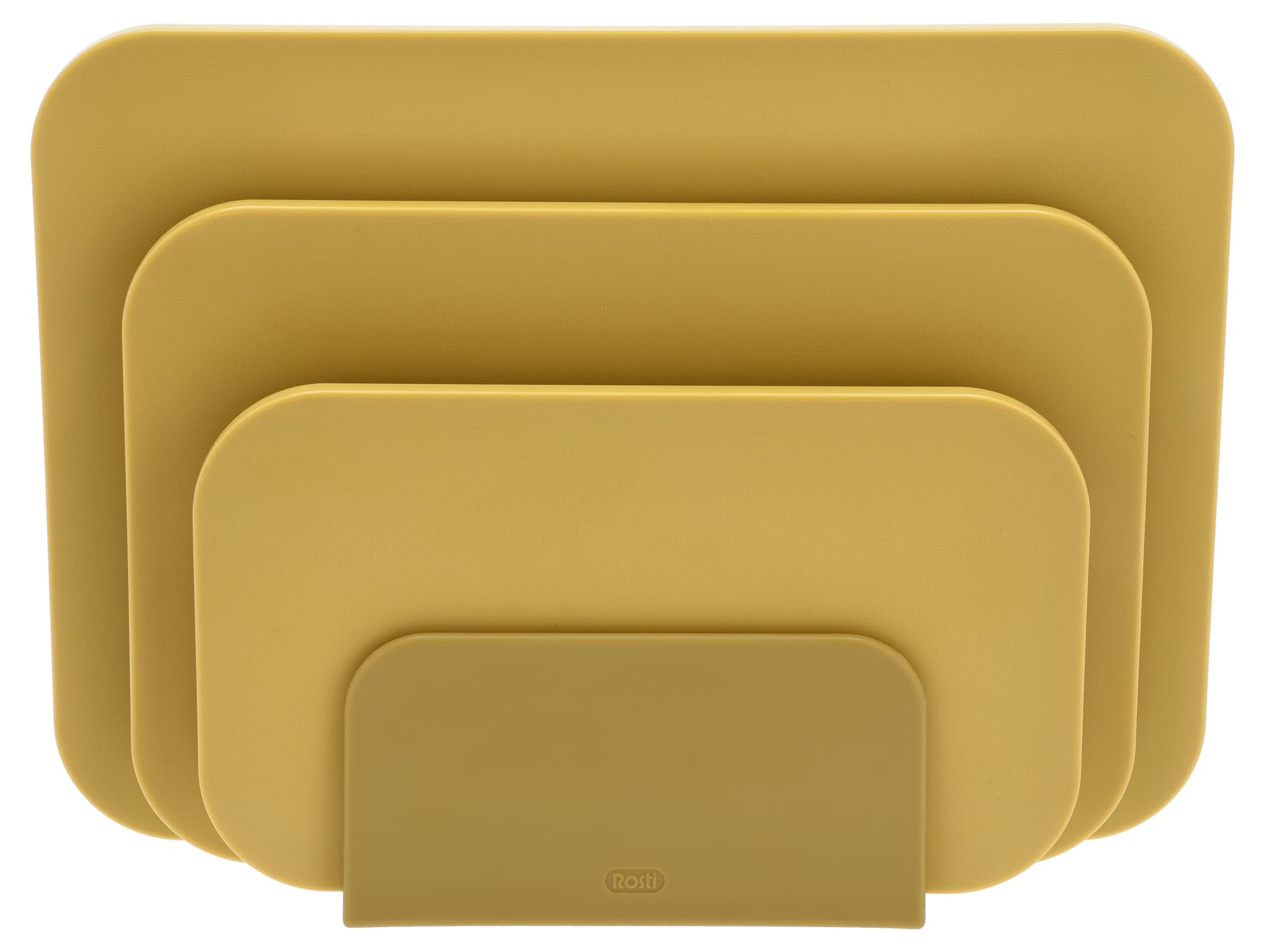Rosti Chaptima Set de 3 Planches à Découper en Plastique - Lavable au Lave-Vaisselle - avec Support de Rangement, Curry