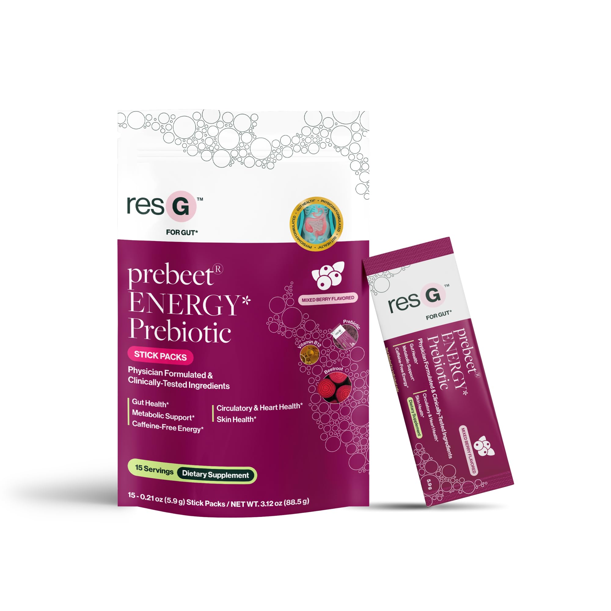 ResBiotic resG prebeet – Suplemento prebiótico com amido resistente de batata, beterraba e vitamina B12 – 15 sachês