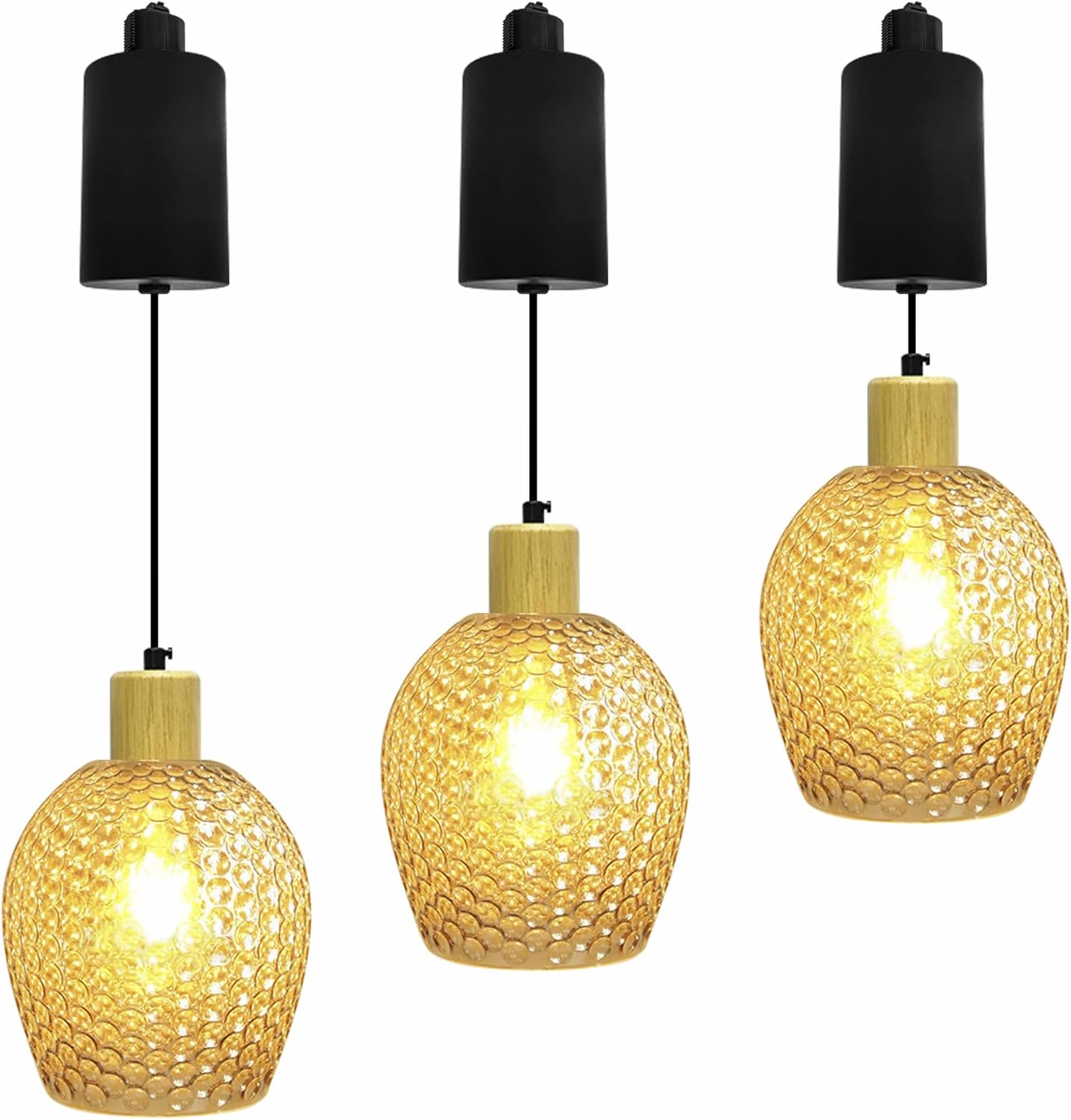 Adjustable Height Halo Track Lighting Pendants, 6.5 ft Cord, H-Type Dimmable Vintage Natural Wood E26 Socket Chandeliers Handmade Hammered Amber Glass for Kitchen Island Vaulted Ceiling