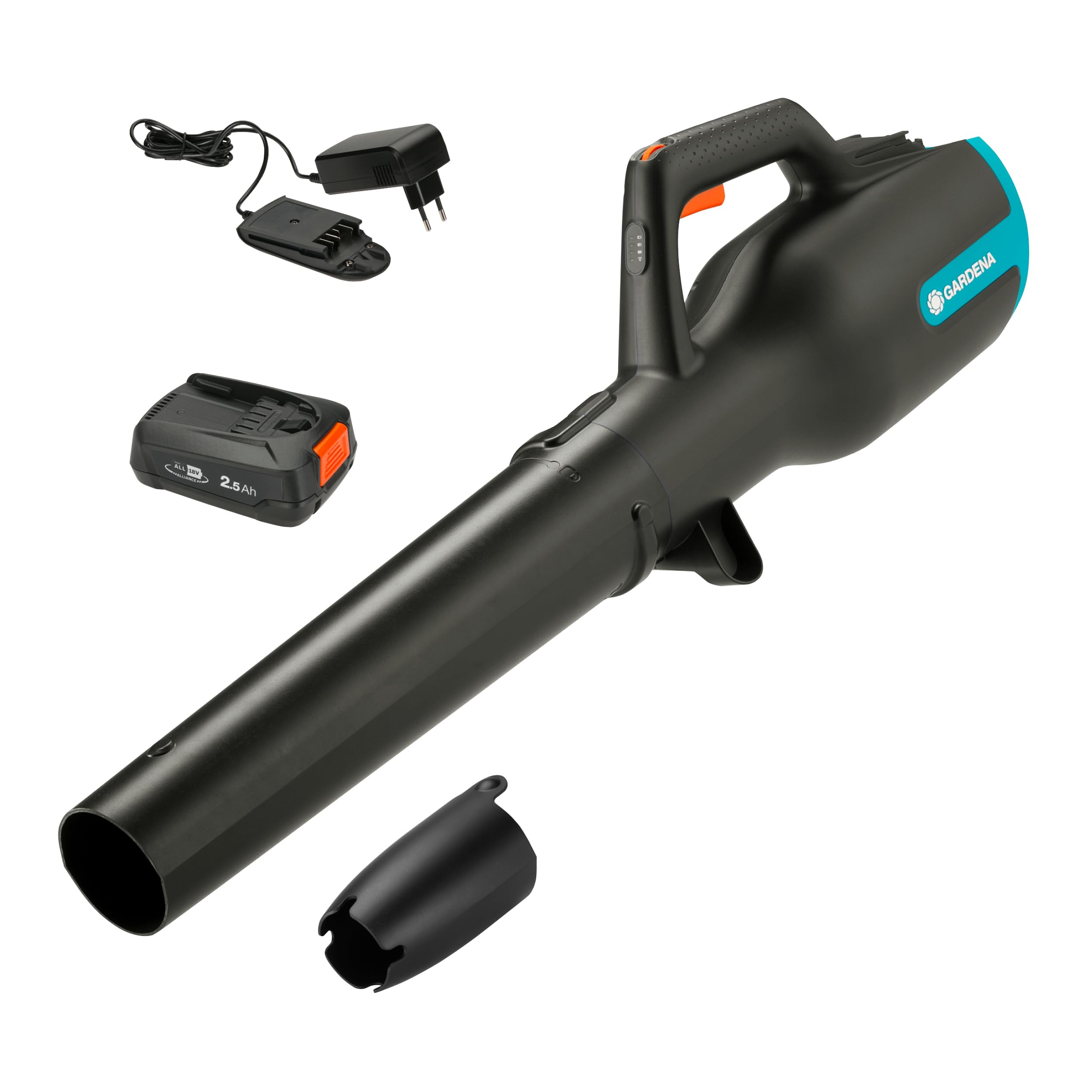 Gardena Soplador de batería PowerJet 18V P4A Set listo para usar: Eliminación de hojas, Velocidad ajustable, Alto volumen de aire, Ligero, Sin cable (14890-20)