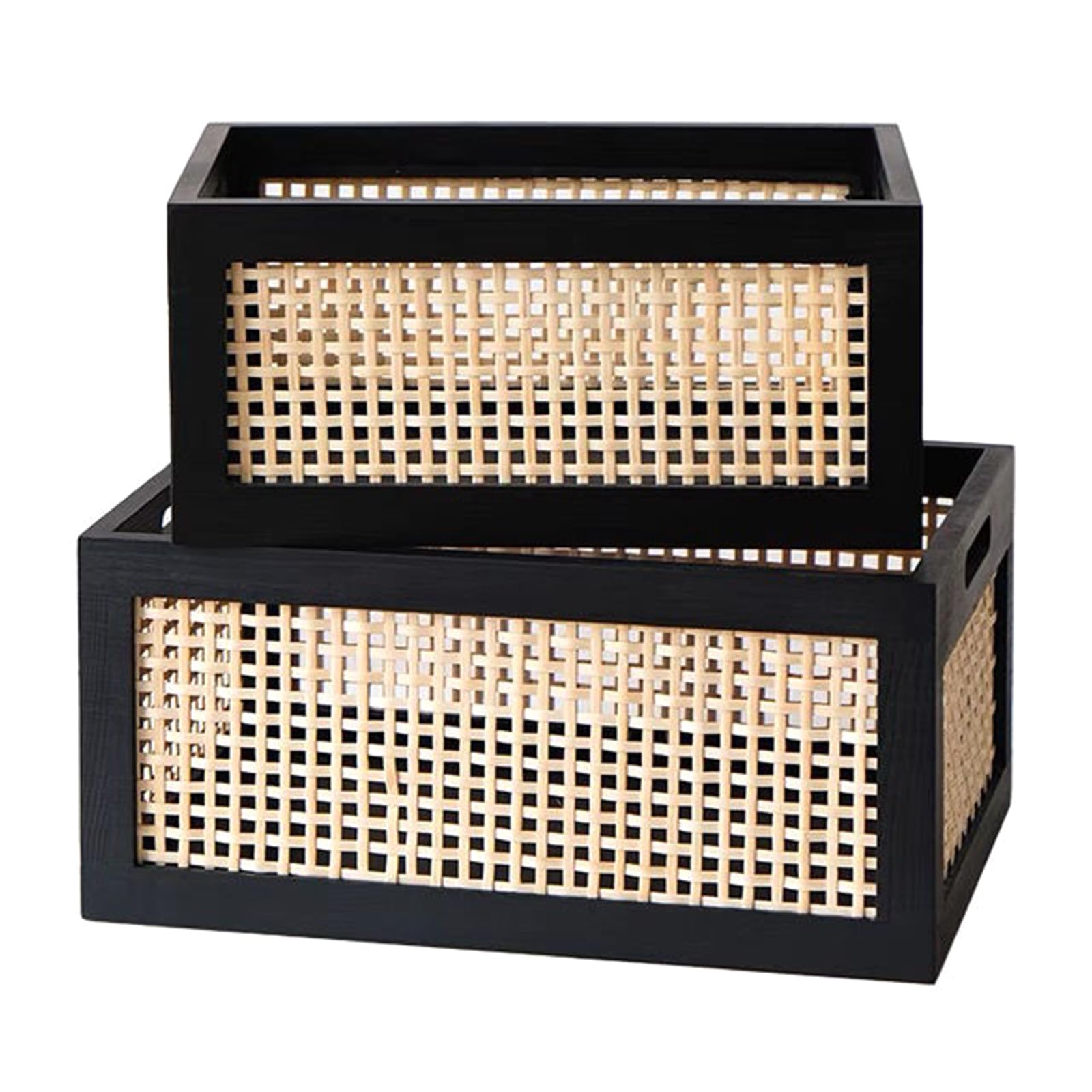 Square Rattan Storage Basket with Notches Natural Bamboo Storage Basket for Organization, Decorative Wicker Box for Rustic Farmhouse Decor, Home Office Desk Shelf Storage (small)