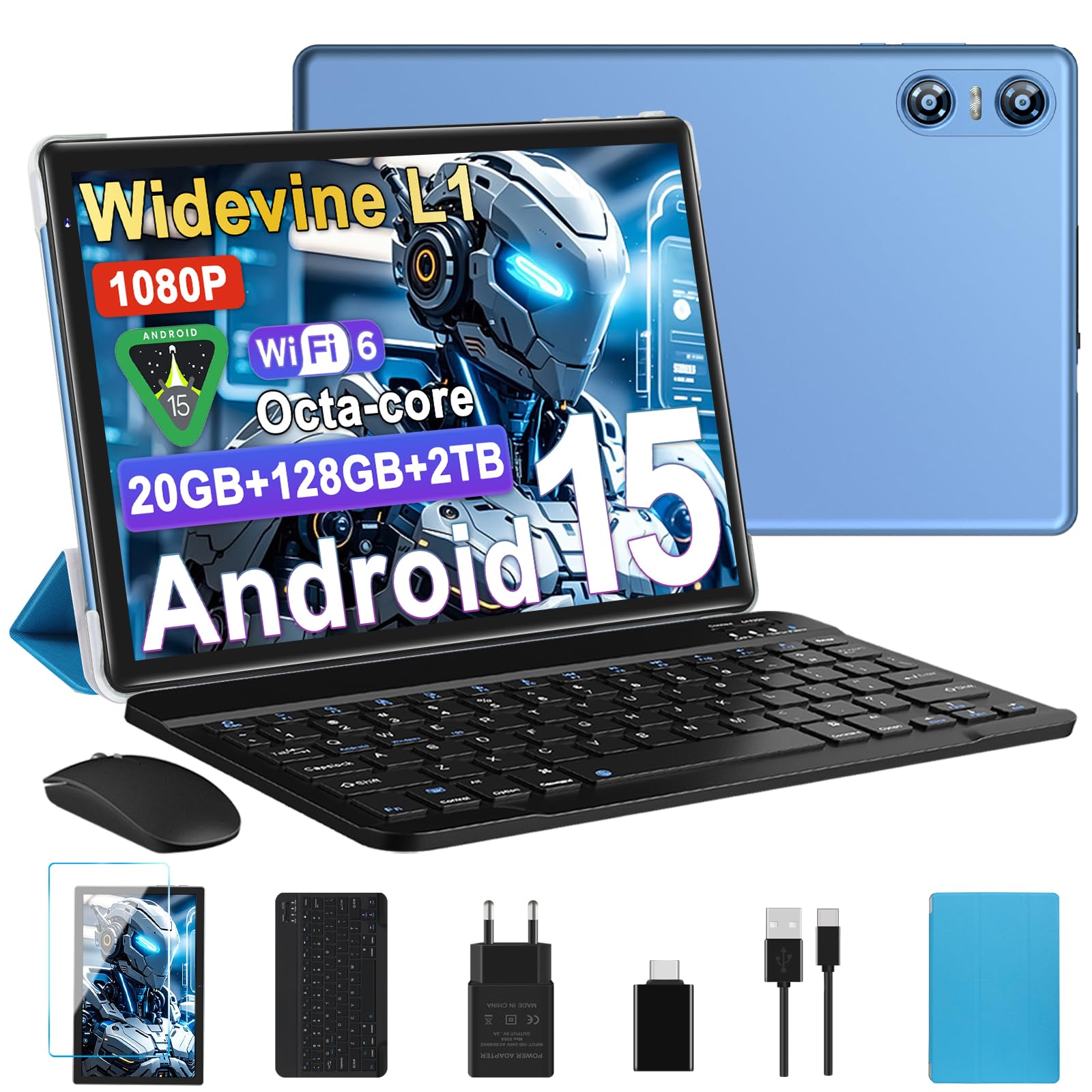 2026 Dernier Tablette 10 Pouces Android 15 avec Gemini AI, 20GO RAM + 128Go ROM, Octa-Core, 5G WiFi 6, Widevine L1, GMS, GPS, BT 5.0, 6000mAh, 5MP+8MP, Tablette avec Clavier+Souris et Cas - Bleu