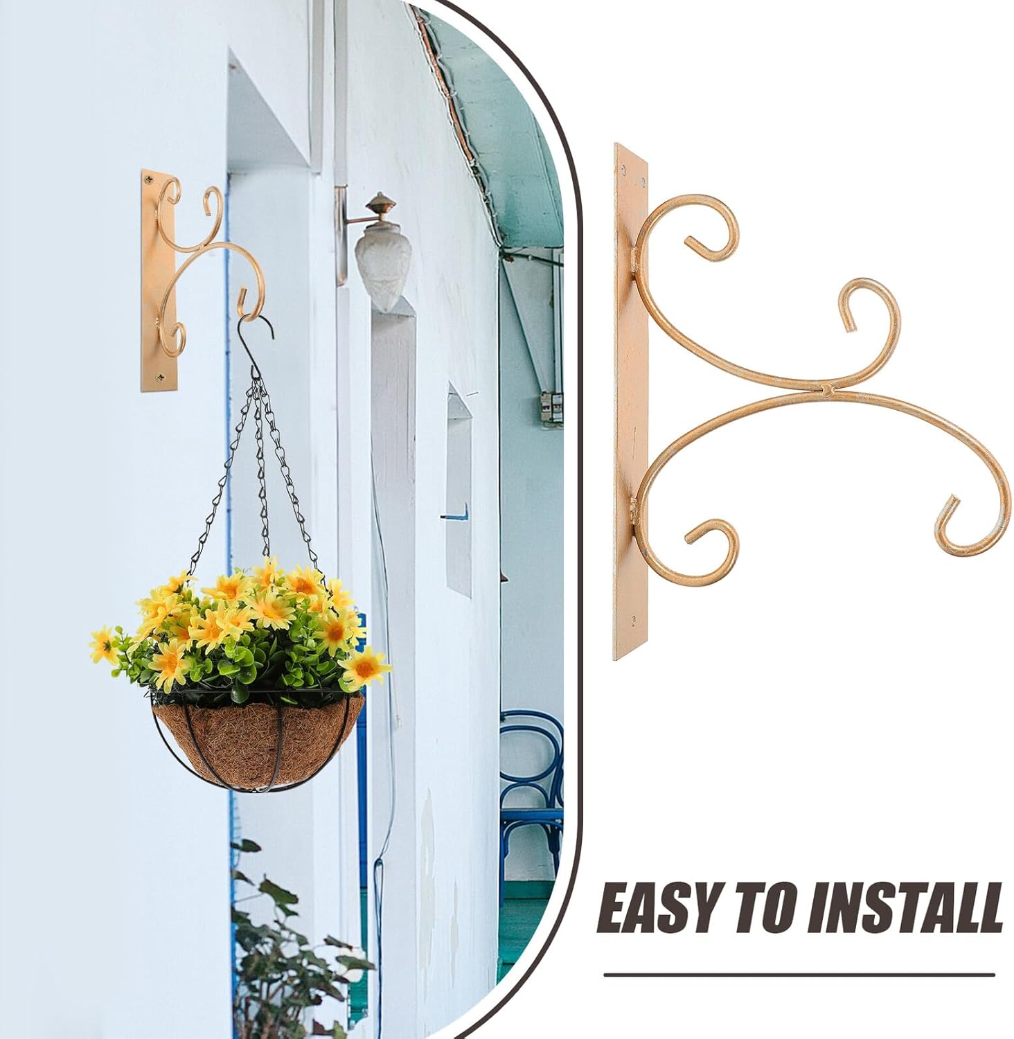 POPETPOP Outdoor Metal Wall Mount Planter Hook for Gardening, Balcony Hanging Rack with Silver Brushed Finish, Sturdy Outdoor Plant Hanger Bracket for Flowerpot Storage