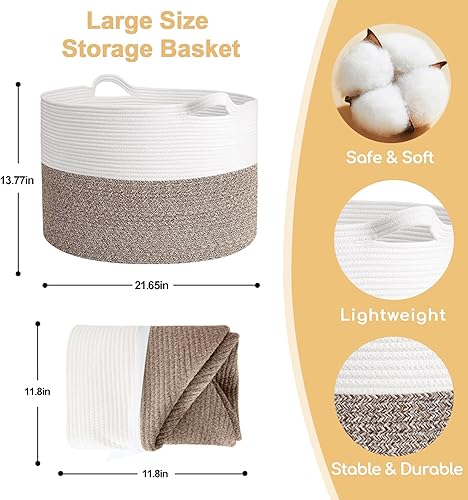 Miniatura 3 de Cesta grande para mantas, 22 x 22 x 14 pulgadas, cesta tejida para manta de ropa sucia para bebé, canasta de juguetes con asa, cestas de