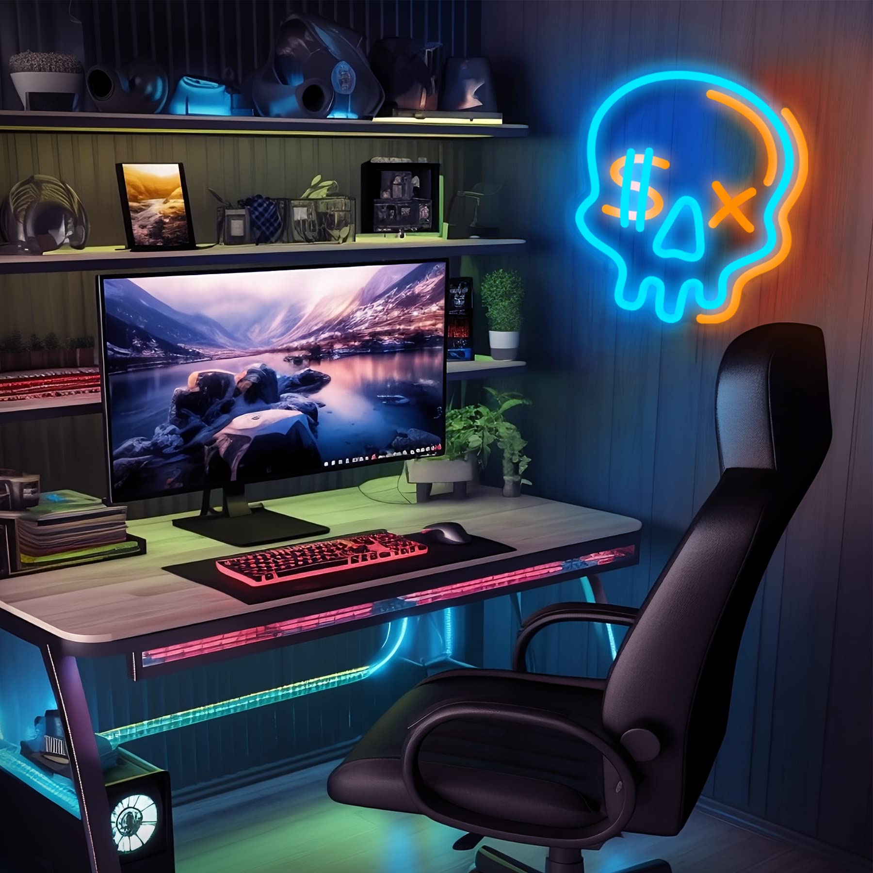 Eufrozy Skull Neon Sign for Wall Decor Halloween, 6 Dimmable Skeleton Skull Neon Light USB Powered, Blue Led Sign for Bedroom/Cute Halloween Decorations/Teenage/Boy/Room Decor/Man Cave/Gamer/Kids
