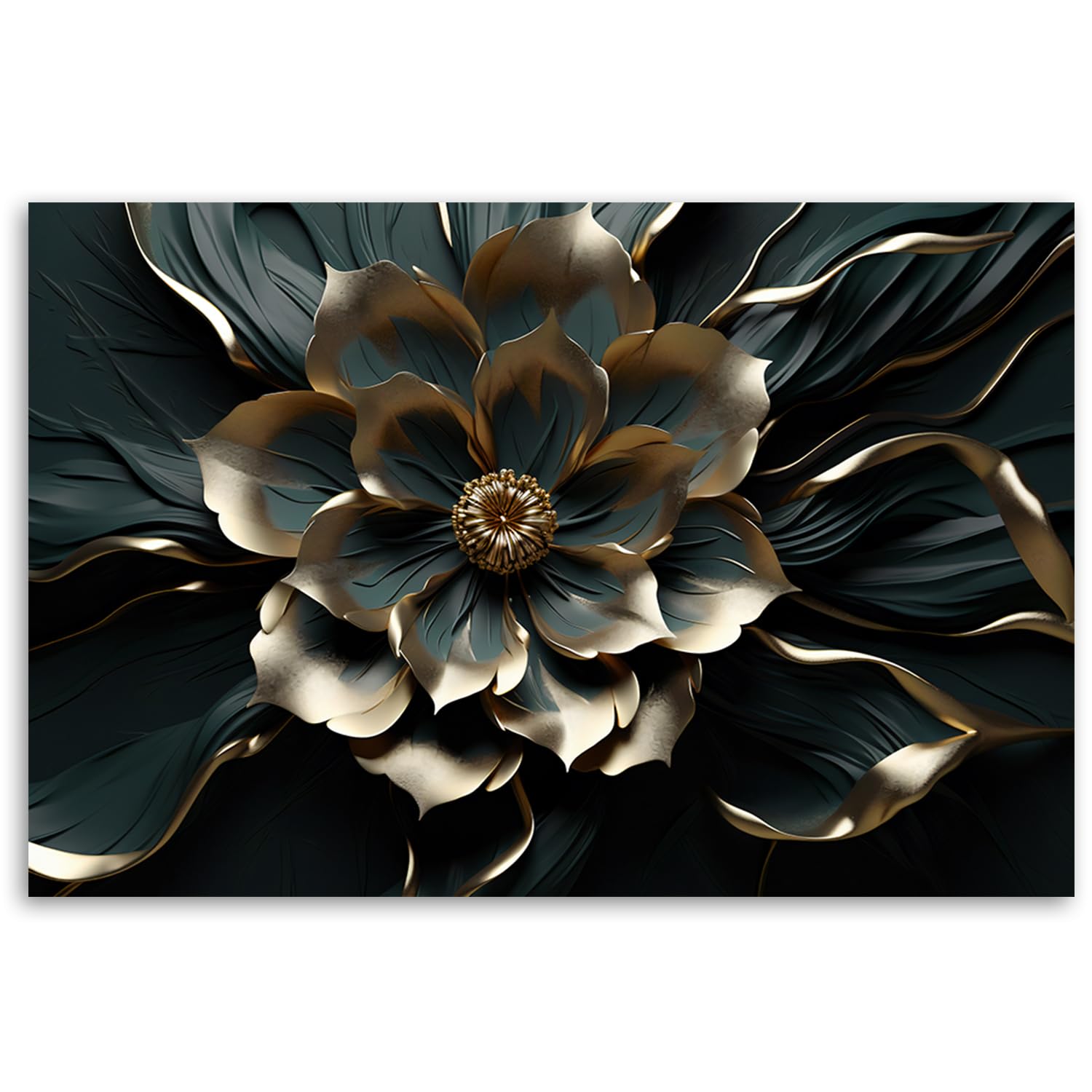 Feeby Bilder 3D Blumen Gold Natur 120x80 cm 1 tlg Schlafzimmer Modern Vlies Leinwandbilder Bild auf Leinwand Kunstdruck Wand Wanddeko Design Wohnzimmer Büro Flur Hotel Spa Pflanzen Botanik Schwarz