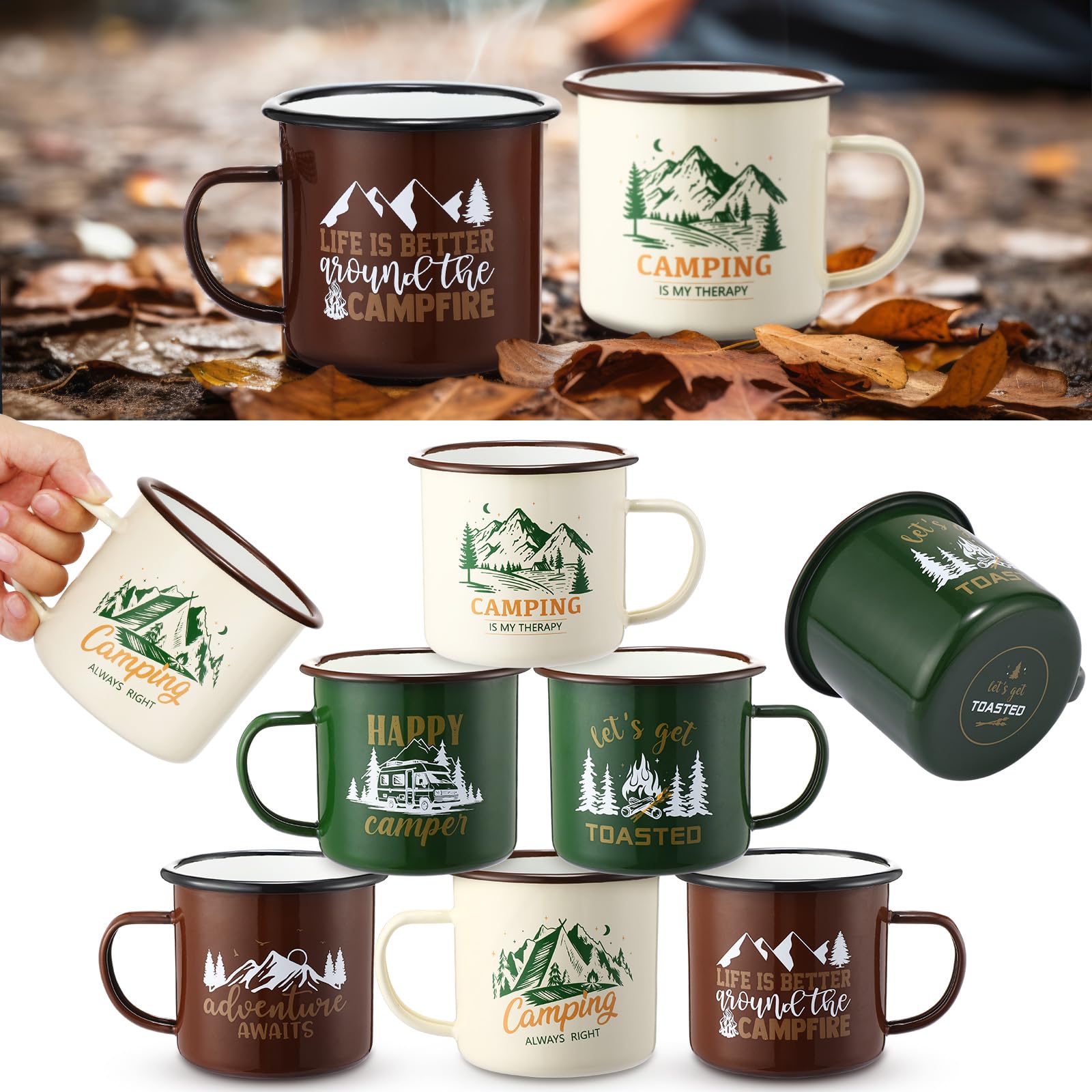 Maxcheck 6 Pack 12oz Christmas Mug Camping Set Enamel Campfire Coffee Cups, Happy Campers Design, 3 Styles Travel Mugs for Outdoor Use, Holiday Gifts for Camping Lovers Couples