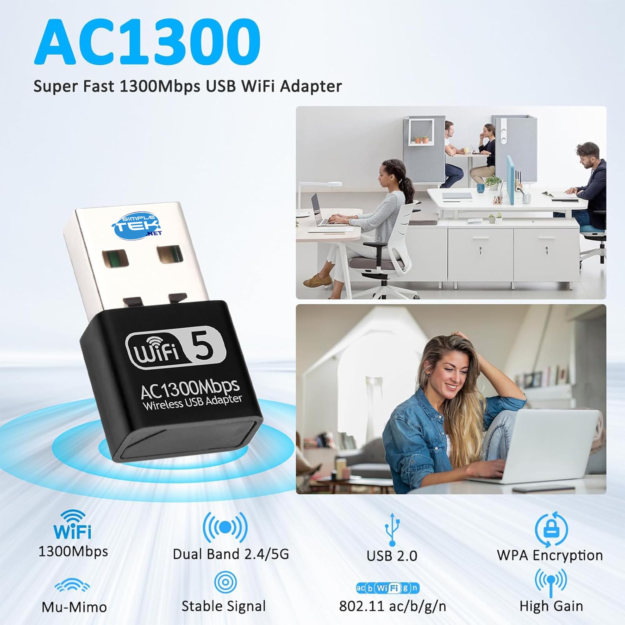 SIMPLETEK - Clé USB Wi-Fi 5 Dual Band - Adaptateur sans fil 2,4 GHz/5,8 GHz, 1300 Mbps, haute vitesse pour PC de bureau et ordinateur portable