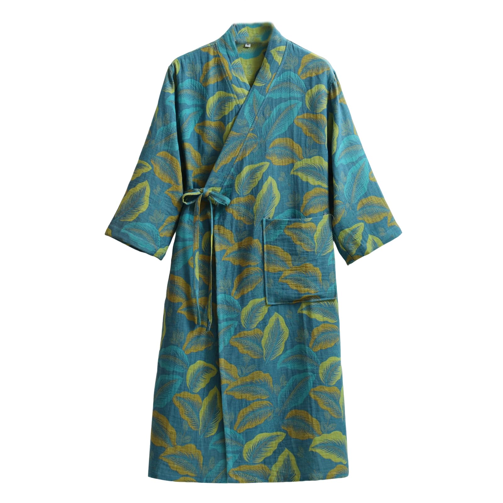 Damen Kimono-Bademantel aus Baumwoll-Jacquard, leicht, lockerer Morgenmantel, Spa-Sauna-Bademantel, Bedruckt, japanische Nachtwäsche,Blau,XL