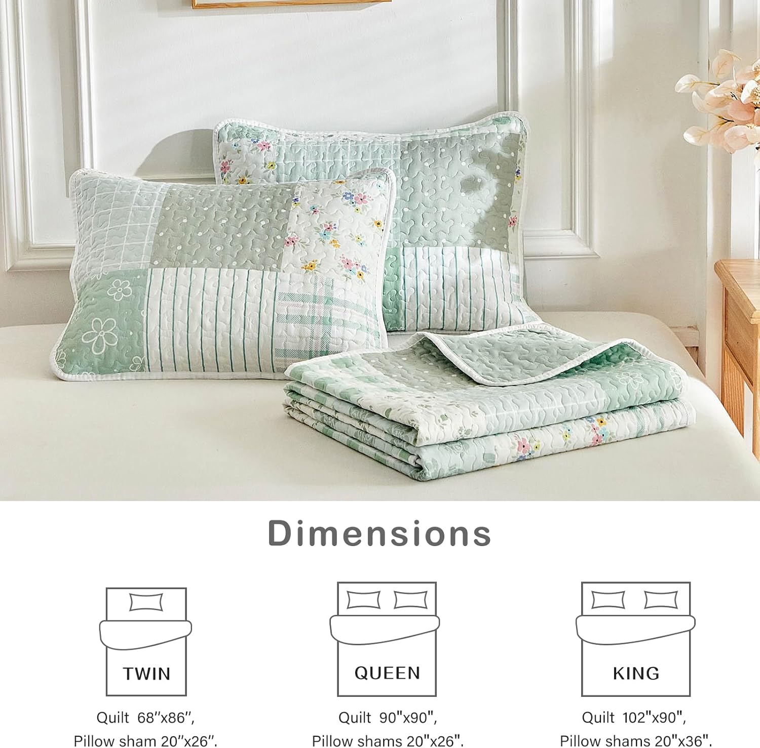 Flysheep Floral Patchwork Quilt Set King Size, 3 Pieces Green Flower Plaid Bedspread Coverlet Set, Lightweight Soft Microfiber Bed Cover for All Season (102" x 90", 1 Quilt+ 2 Pillow Shams)