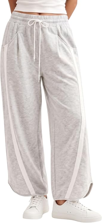 Bankeng Womens Casual Sweatpants Elastic Waisted Contrast Color Drawstring Athletic Wide Leg Pants with Pockets