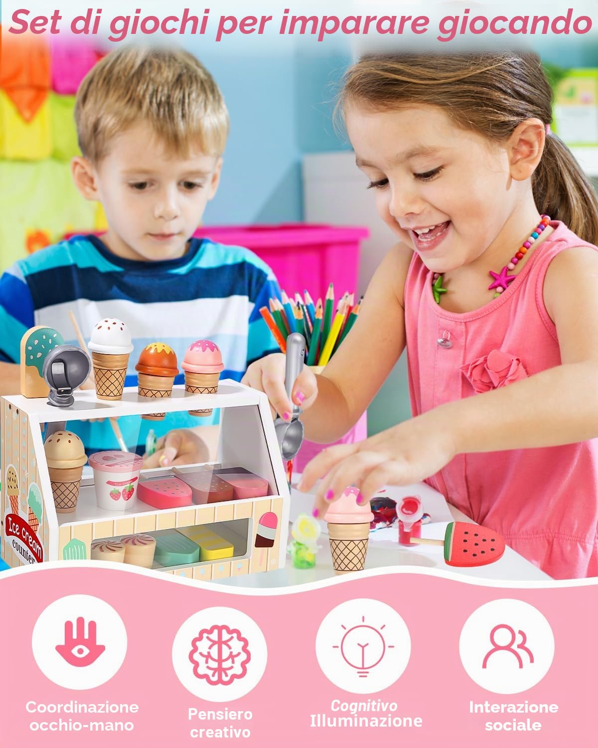 Gelateria Giocattolo, Cucina Cibo in Legno per Bambini, Accessori da Cucina Montessori, Gioco di Ruolo Educativo Regalo per Bambina 3 4 5 6 Anni