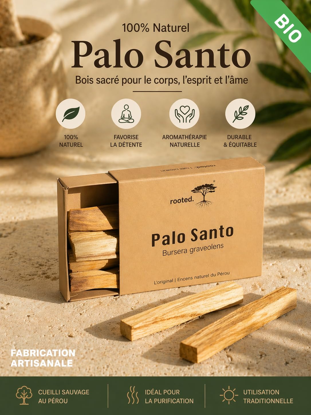 rooted.® L'Original Palo Santo - Bois sacré du Pérou - Encens - Méditation et Purification - Récolte Durable