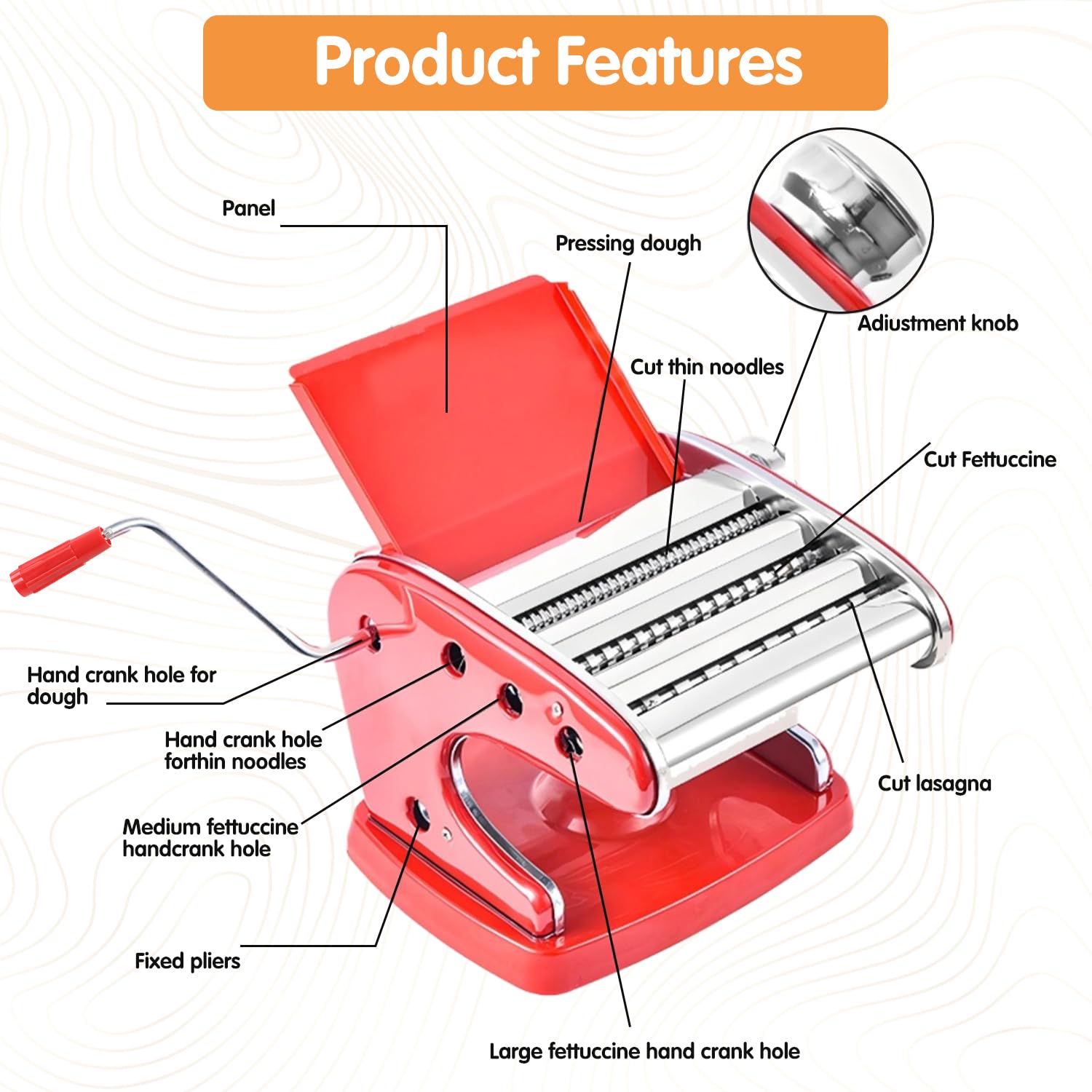Machine à Pâtes Robuste, en Acier Inoxydable, 6 Réglages D'épaisseur Réglables, Machine à Nouilles pour Spaghetti, Fettuccini, Lasagne Ou Emballage de Boulettes (Rouge)