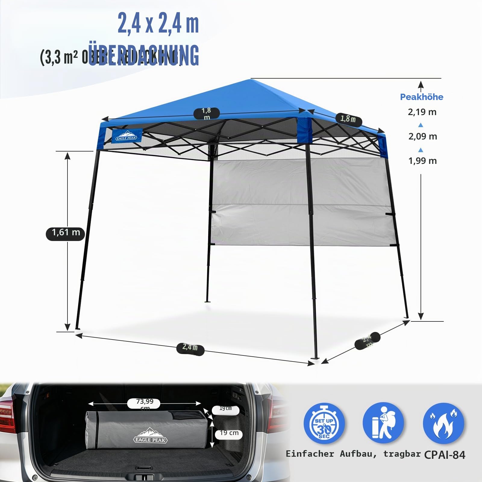 EAGLE PEAK Schräge Beine Faltbar Pavillon 2.4x2.4m Wasserdicht Camping Pop-up Faltpavillon mit Seitenteil, inkl. Rucksack, 8' x 8', Blau