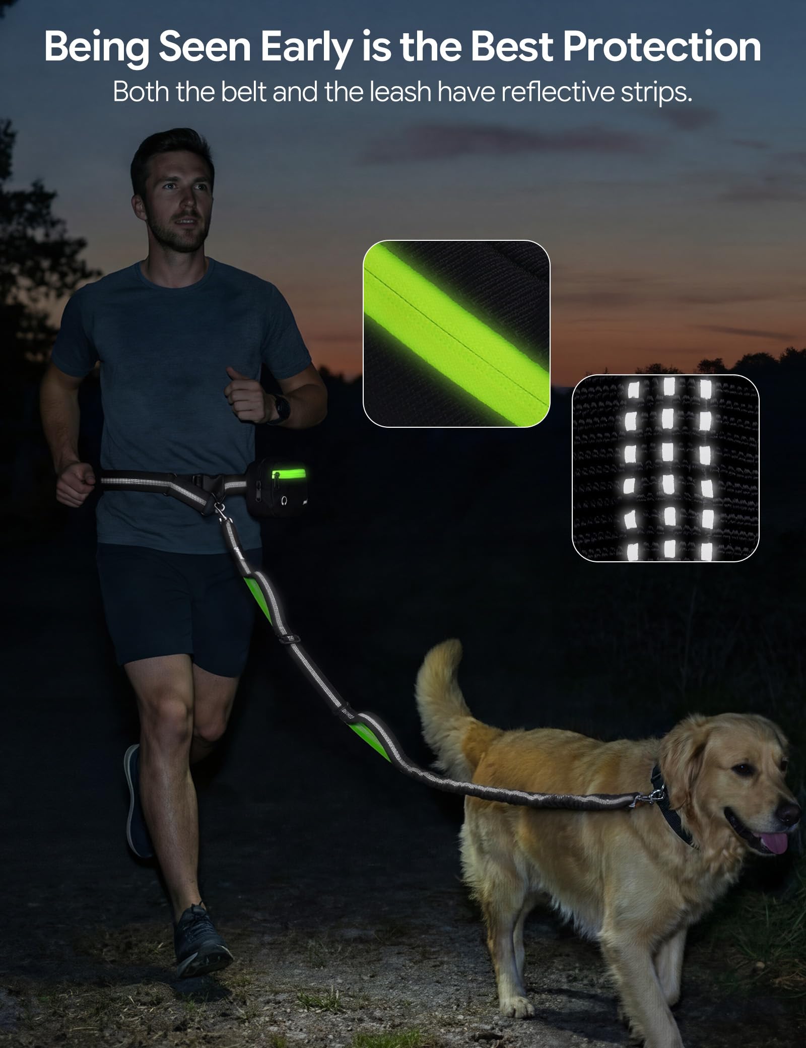 Pecute Correa Perro Cintura Antitirones, Correas Manos Libres con Bolsillo Impermeable & Desmontable, Doble Asa, Cuerda Elástica Amortiguadora, Adecuado para Correr, Caminar y Entrenar, para 15-55kg