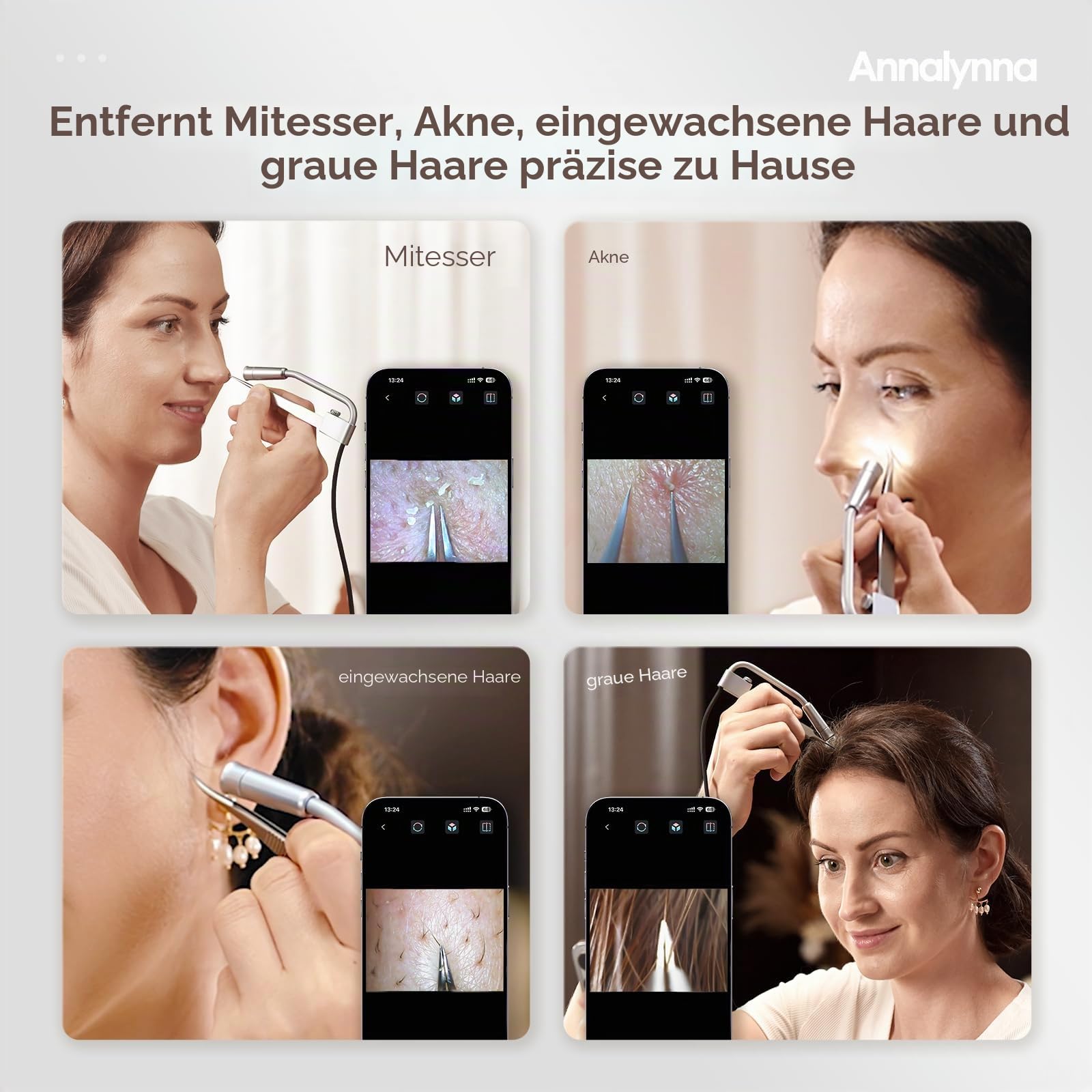 Luma 1 Visuelle Mitesser-Entferner Pinzette mit Kamera – Pimple Popper Tool mit 20-facher Vergrößerung, 1080P, 8 LED-Lichtern, inklusive Mitesser-Entferner-Set (6-teilig), Titan