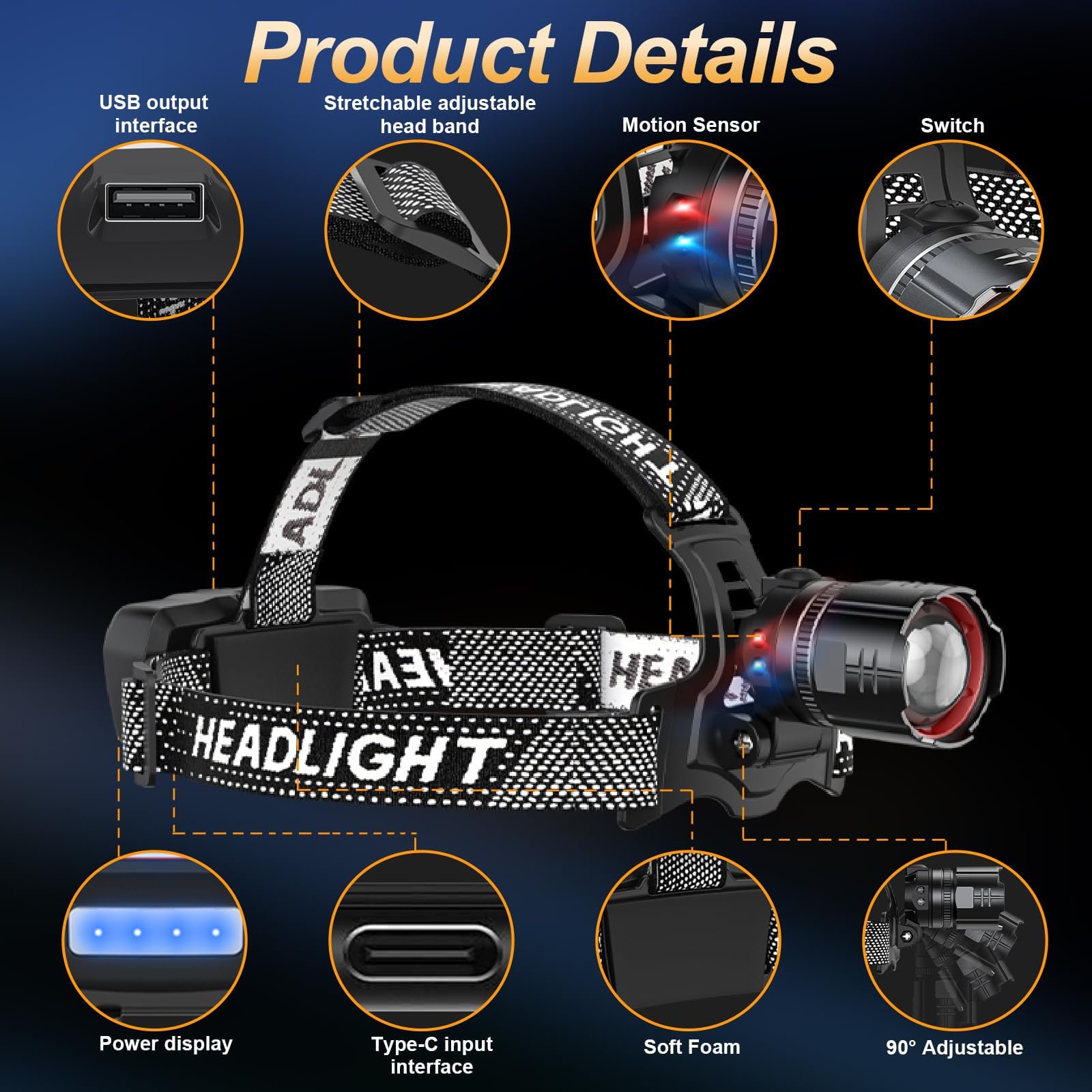 AdamStar Linterna frontal recargable, paquete de 2 faros profesionales de 120000 lm, luz LED superbrillante con luz de advertencia roja, 5 modos, sensor de movimiento ajustable de 90°, zoom para