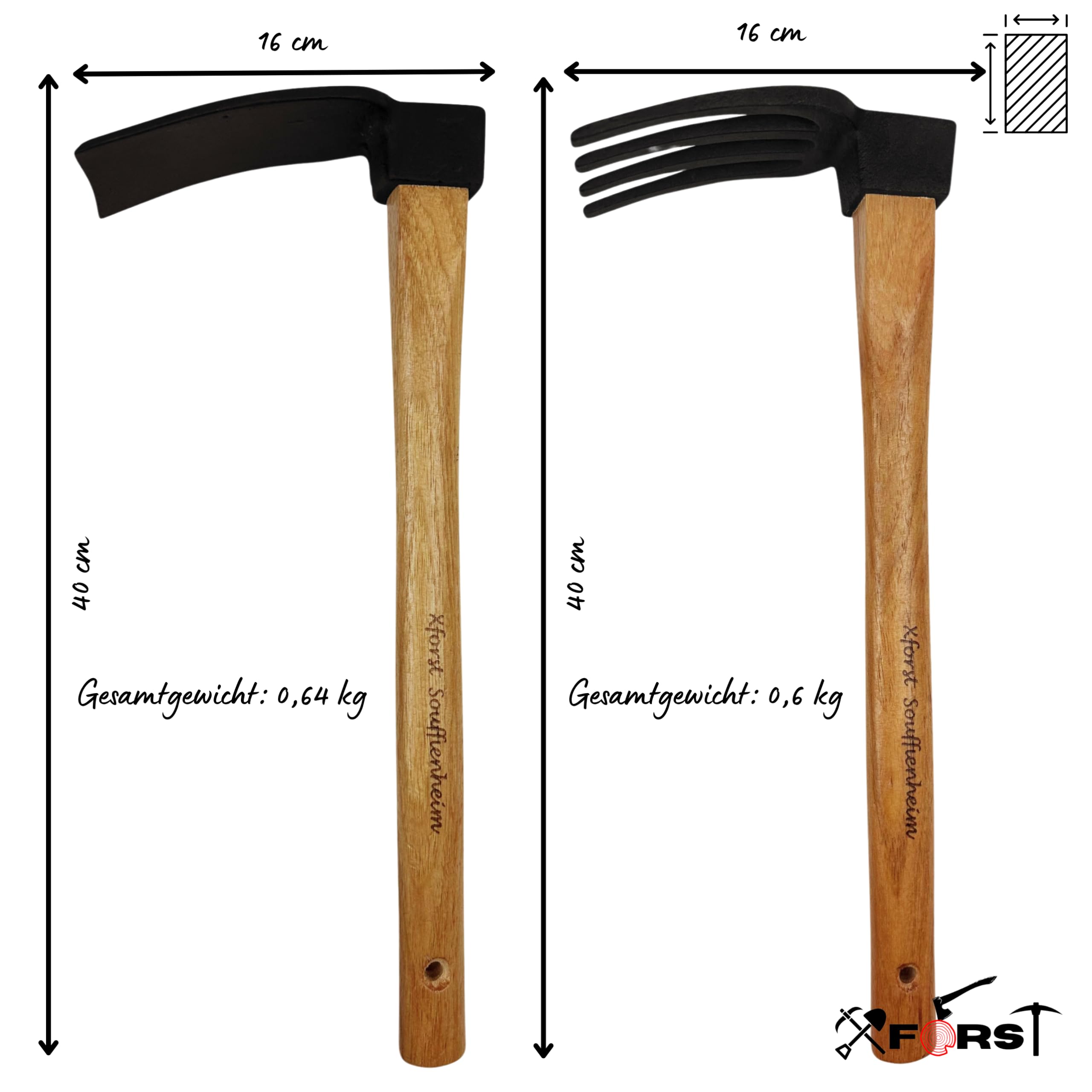 Xforst Ensemble d'outils de jardin à deux houes de jardin avec houe droite + houe à 4 dents avec manche en bois d'hickory et tête en acier forgé.