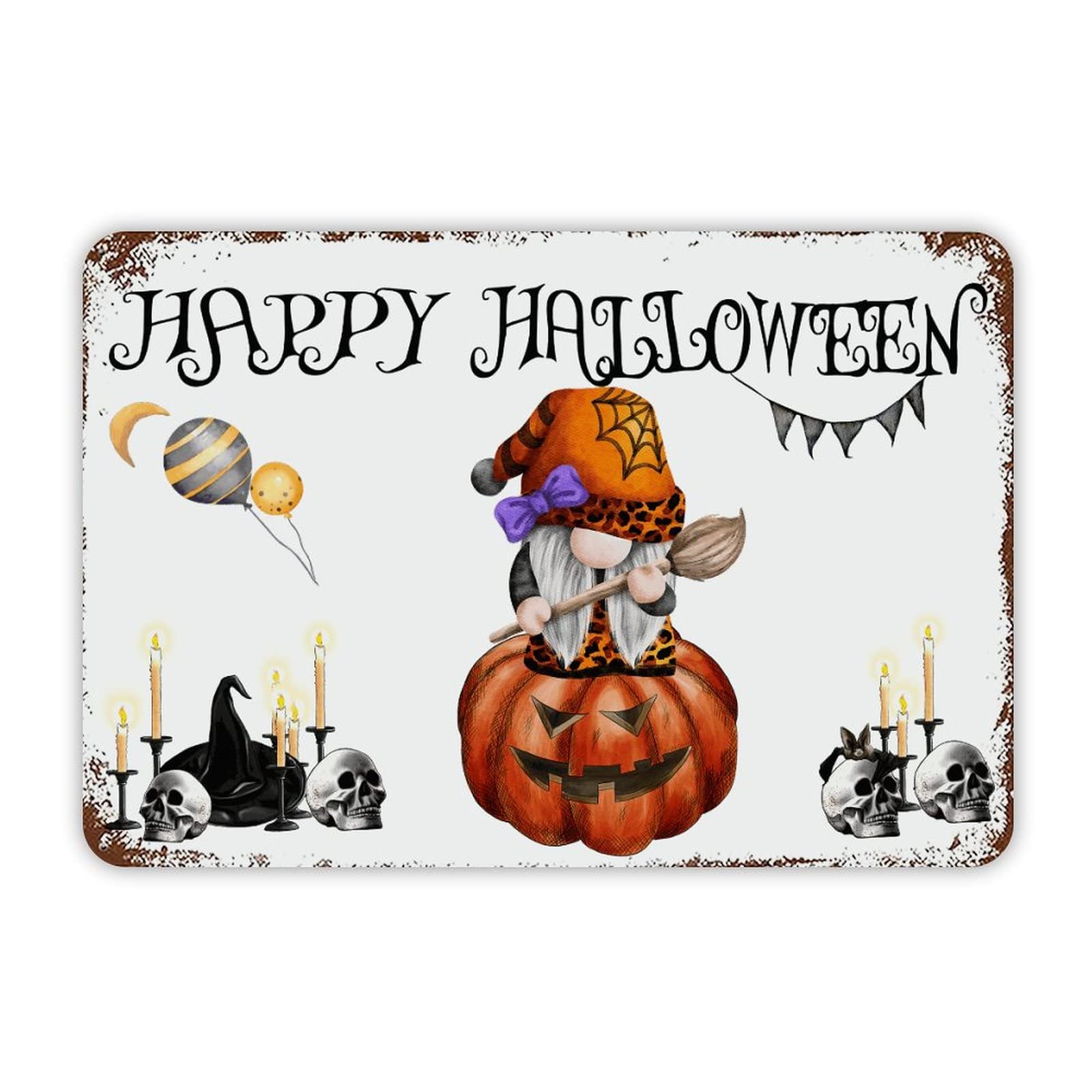 ENEDNATE Happy Halloween Gnome Pumpkin Skull Aluminum Tin Sign 8x12 Inch Waterproof Vintage Metal Sign for School Office Classroom Gate Garage Garden Home Wall Decoration Housewarming Gifts