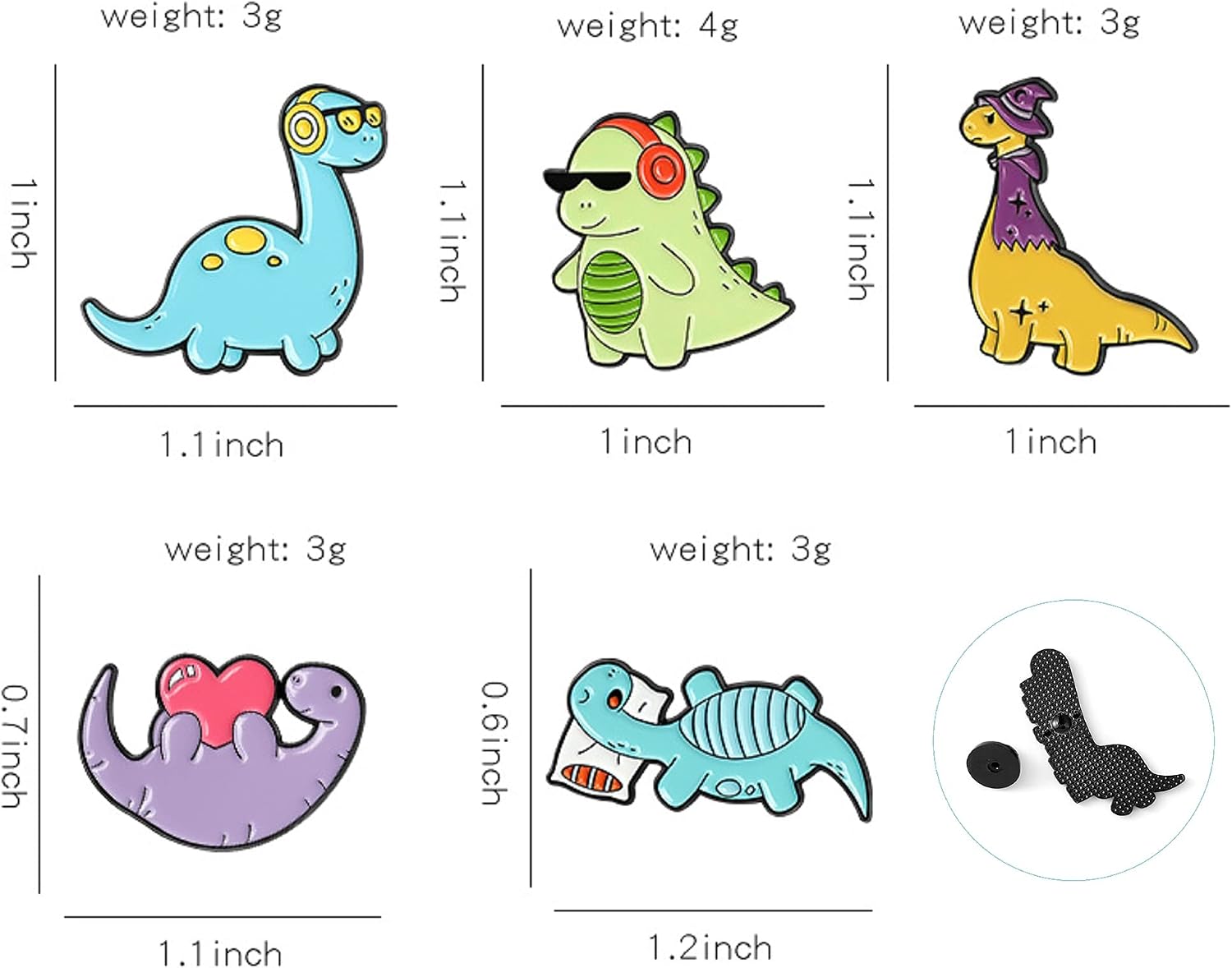 ROFARSO Pajamas Dinosaur Enamel Lapel Pin Set Cartoon Animal Pin, Accessory for Backpacks Clothing Bags Hats Shirts(5piccs pin set)