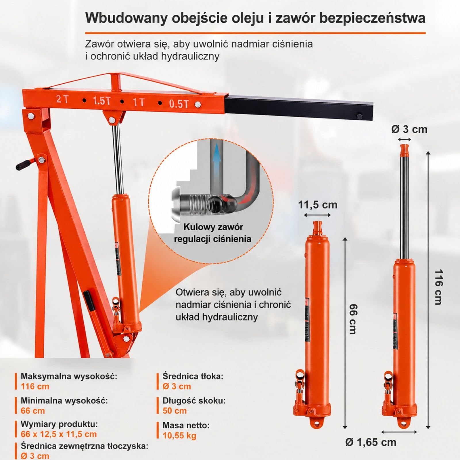 Pomarańczowy hydrauliczny podnośnik z długim siłownikiem, podwójna pompa tłokowa i podstawa widełkowa do silników, garażu, warsztatu i gospodarstwa
