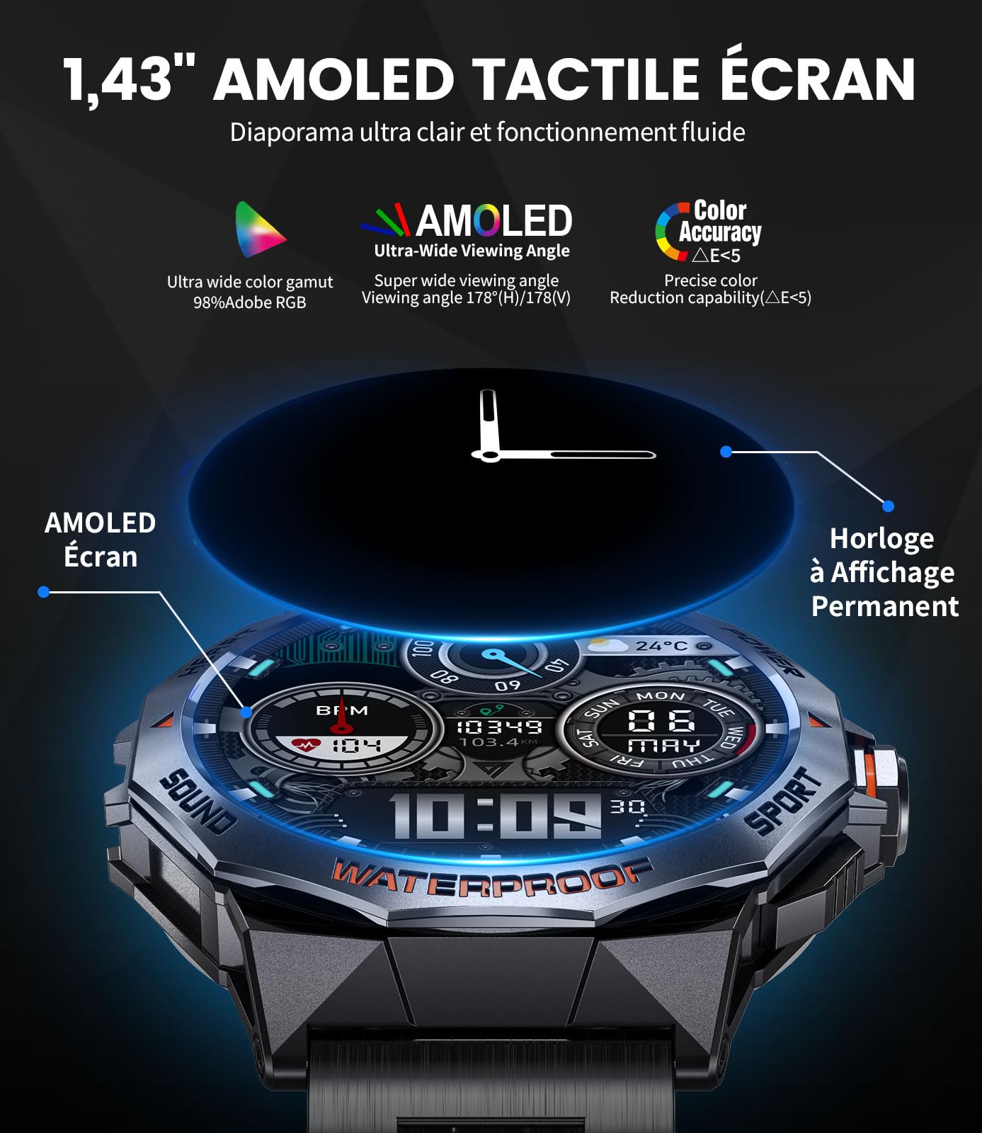 DREMAC Montre Connectée Homme avec Appel 1,43'' AMOLED Militare Montre Connectée,120+ Modes Sportifs,24/7 Moniteur de Fréquence Cardiaque SpO2 et Sommeil,400mAh Batterie,IP68 Étanche,pour Android iOS