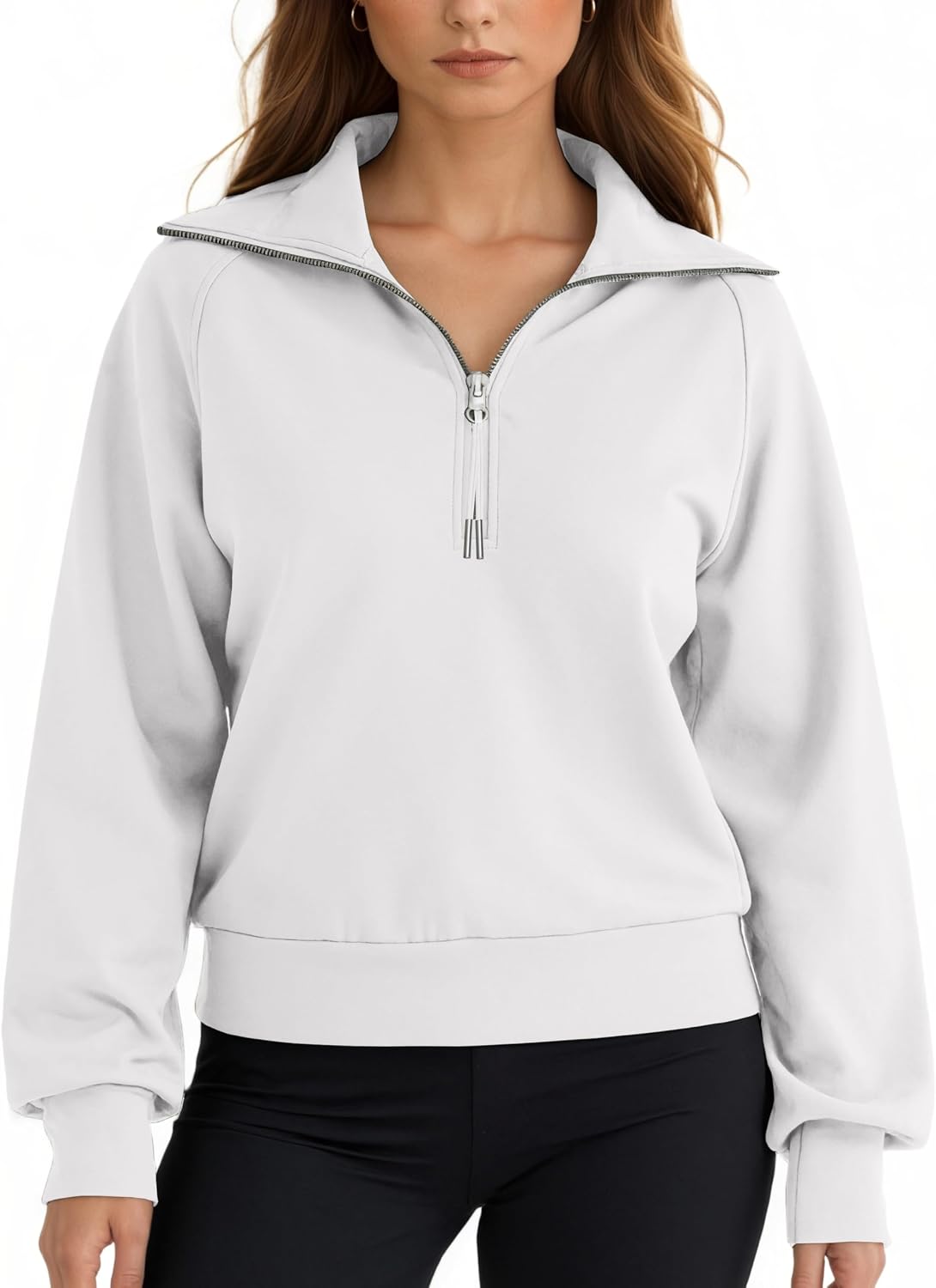 Women's Cropped Half Zip Pullover Quarter Zipper Long Sleeve Sweatshirt for Casual Wear
